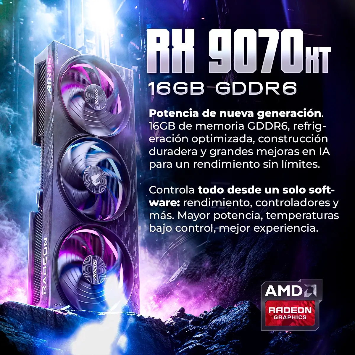 Una tarjeta gráfica de PC para juegos RX 9070HT con tres ventiladores, ventiladores RGB brillantes y logo AMD.