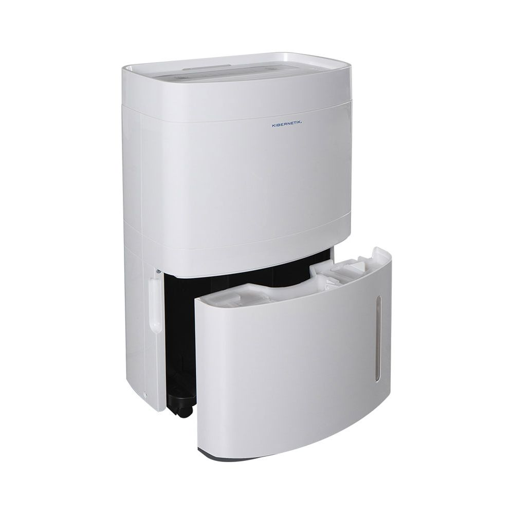 Un deumidificatore bianco con il serbatoio dell'acqua estratto e ruote in basso.