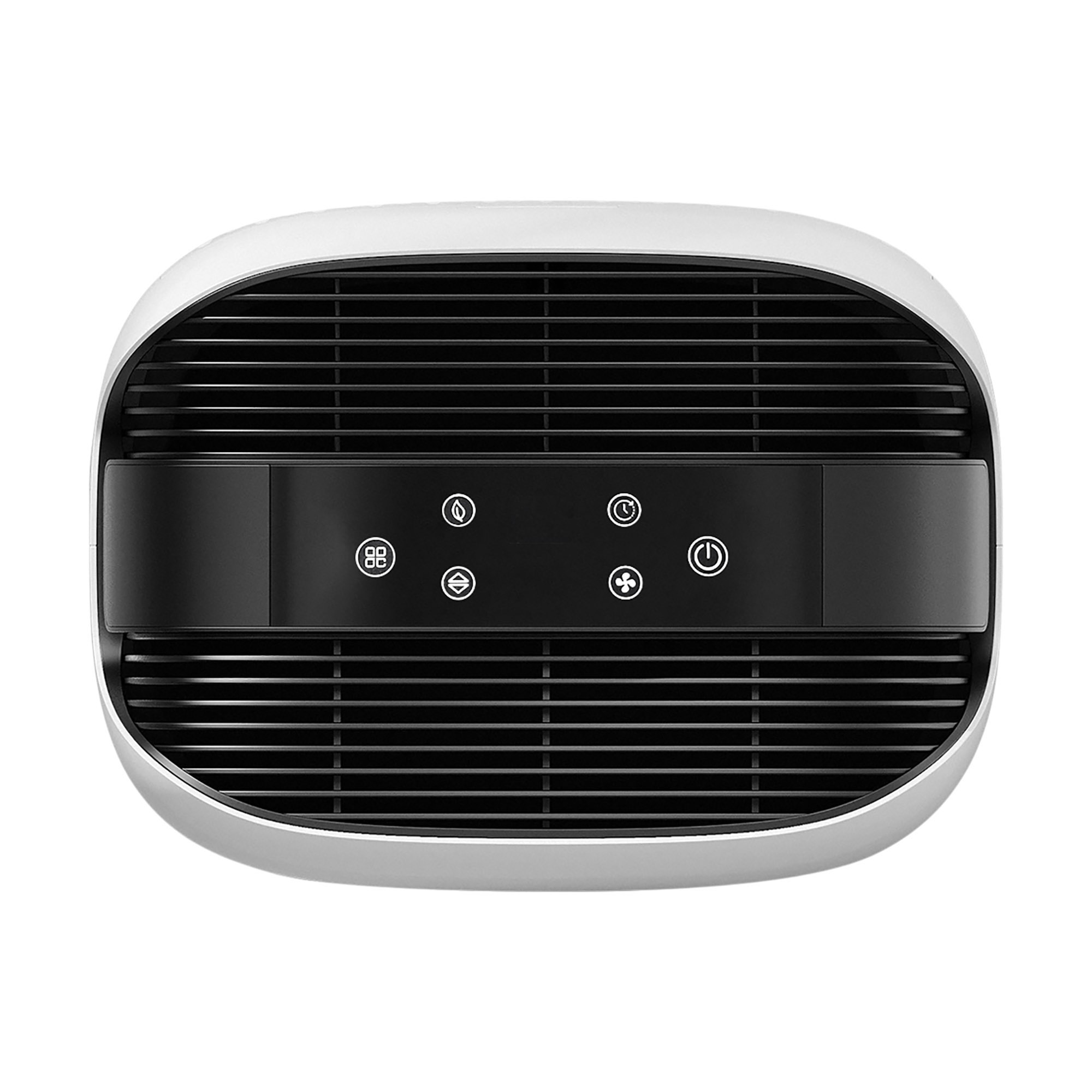 Un purificatore d'aria bianco con pannello di controllo nero e fessure di ventilazione.
