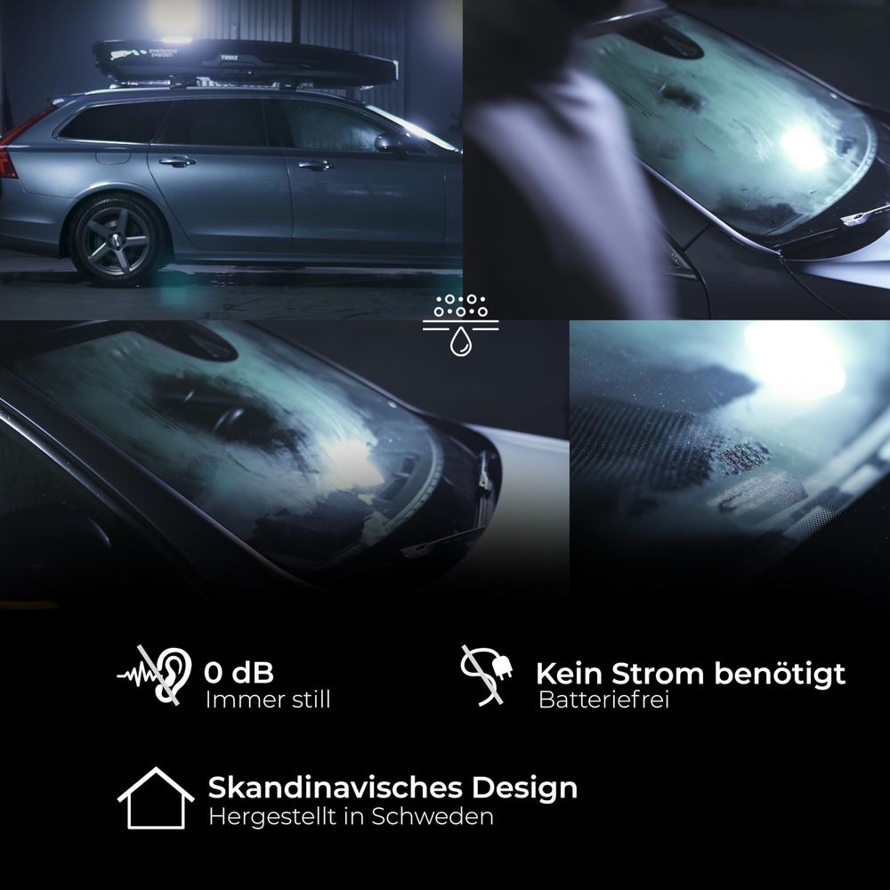Auto con box da tetto, parabrezza ghiacciati, testo: "0 dB", "Nessuna corrente", "Design scandinavo."