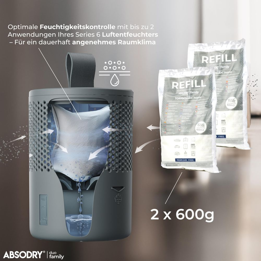 Deumidificatore Absorbdry con due sacchetti di ricarica da 600g per un controllo ottimale dell'umidità.