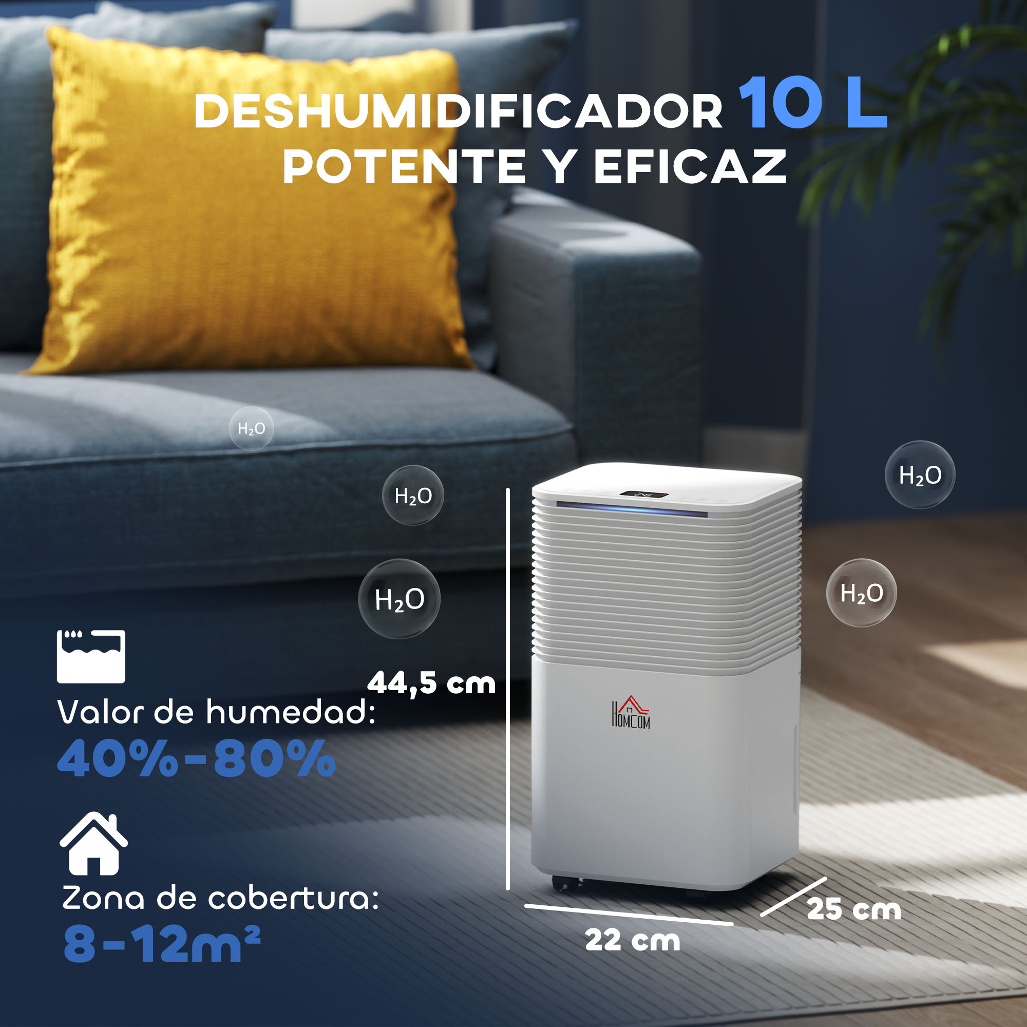 Un deshumidificador blanco junto a un sofá con cojines amarillos. Se muestran dimensiones.