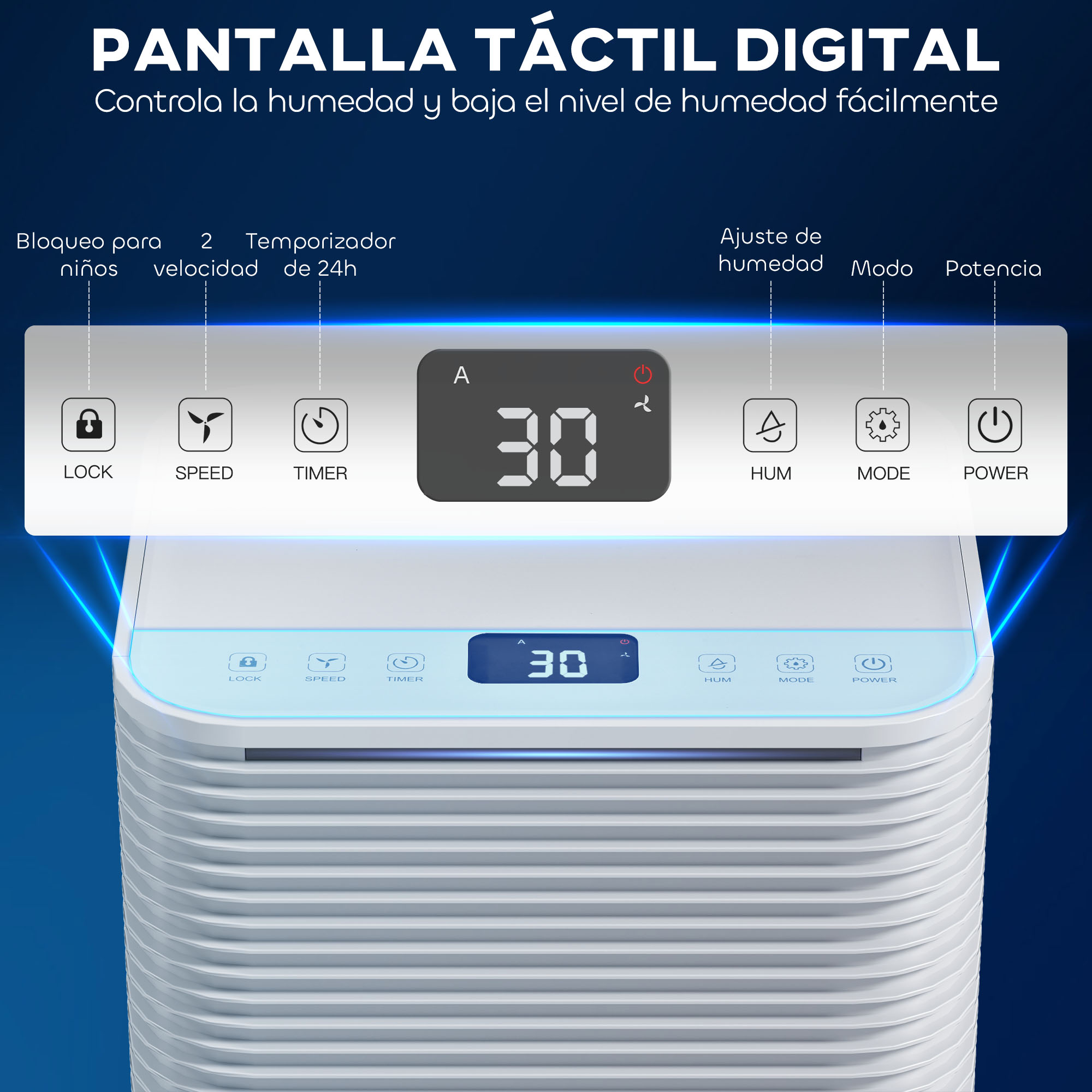 Un purificador de aire blanco con una pantalla digital que muestra '30' y controles táctiles para bloqueo, velocidad, temporizador, humedad, modo y encendido.