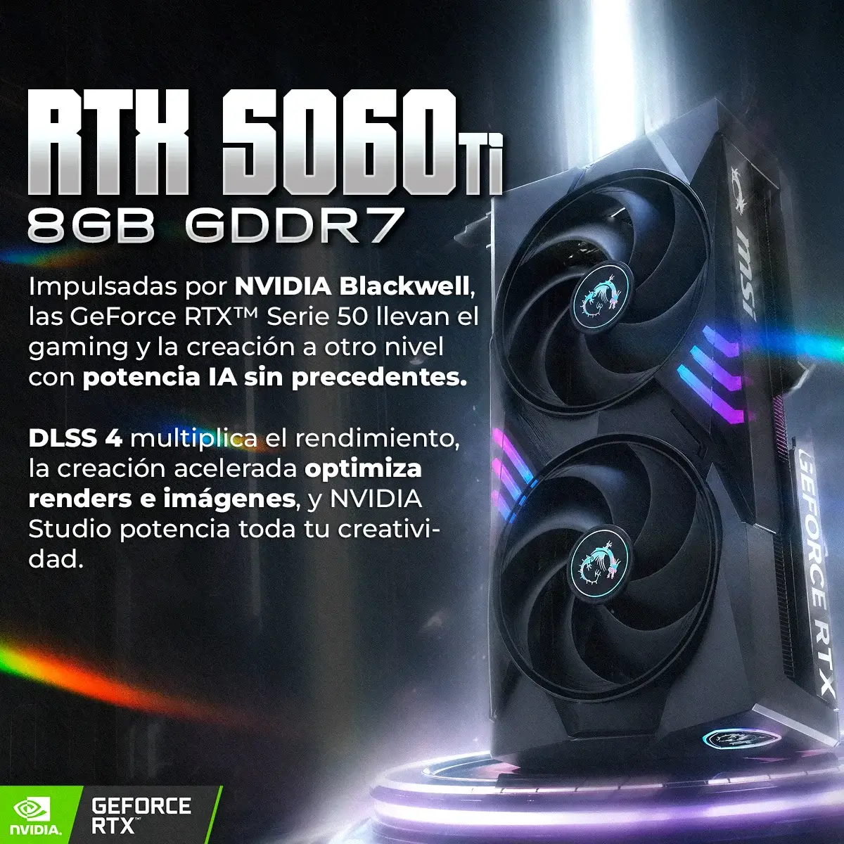 Una scheda grafica RTX 5060Ti nera con 8GB GDDR7, illuminata da luci RGB.