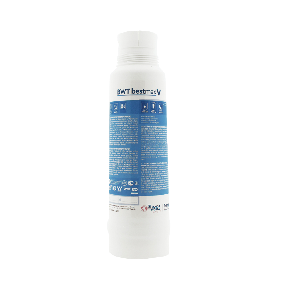 Eine weiße Wasserfilterkartusche mit blauer Beschriftung, Modell BWT bestmax V.