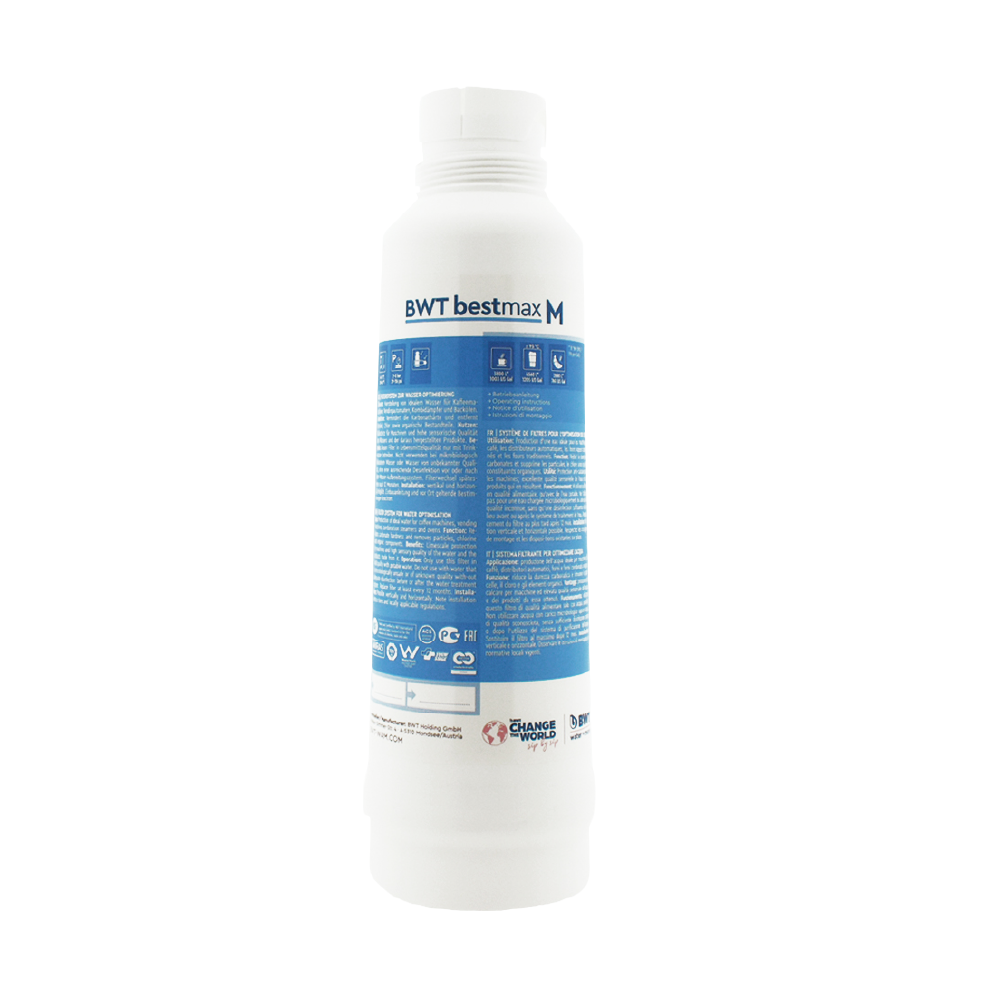 Weiße Flasche mit blauer Beschriftung für Wasserfilterpatronen, BWT bestmax M.