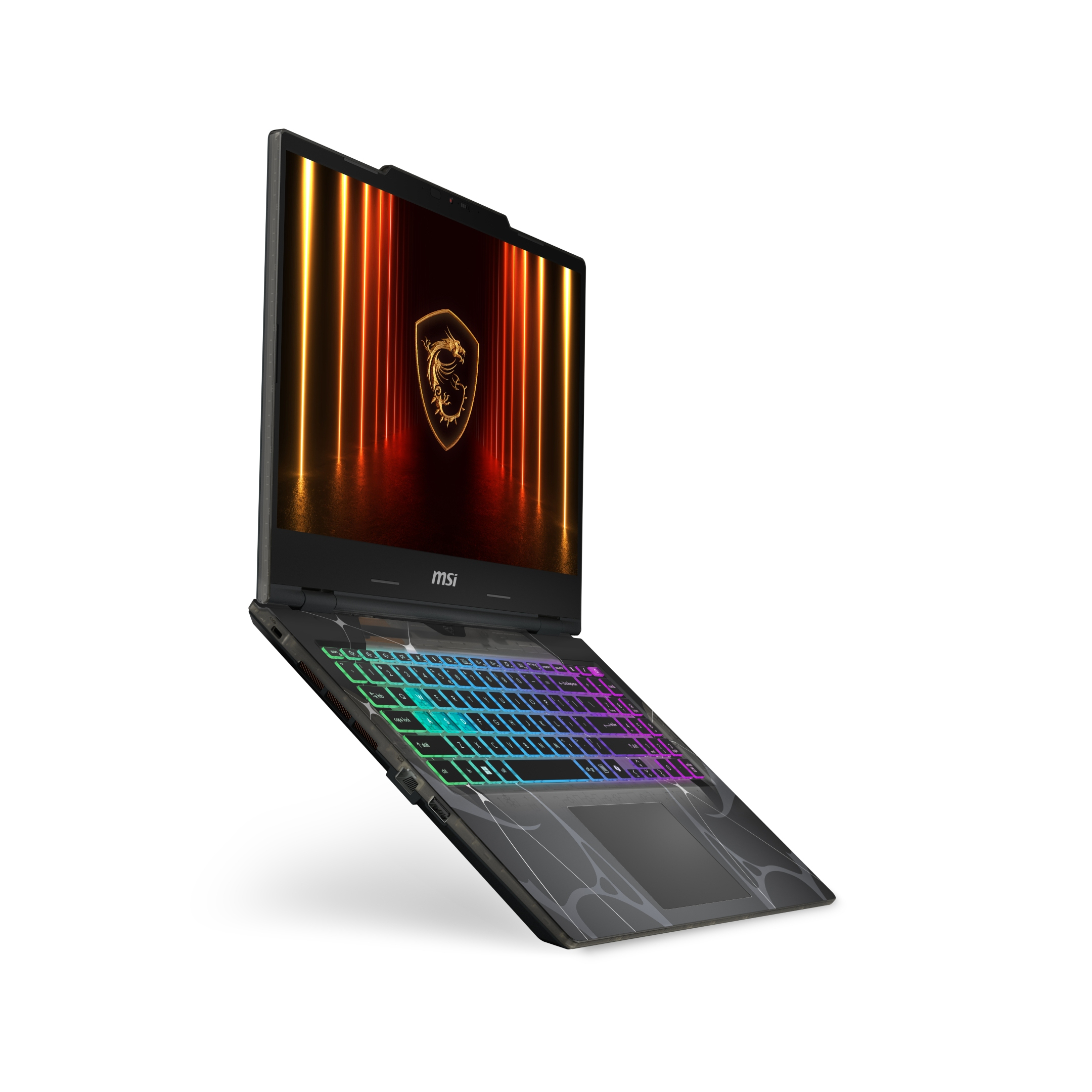 Un laptop MSI aperto con tastiera illuminata e logo del drago sullo schermo.