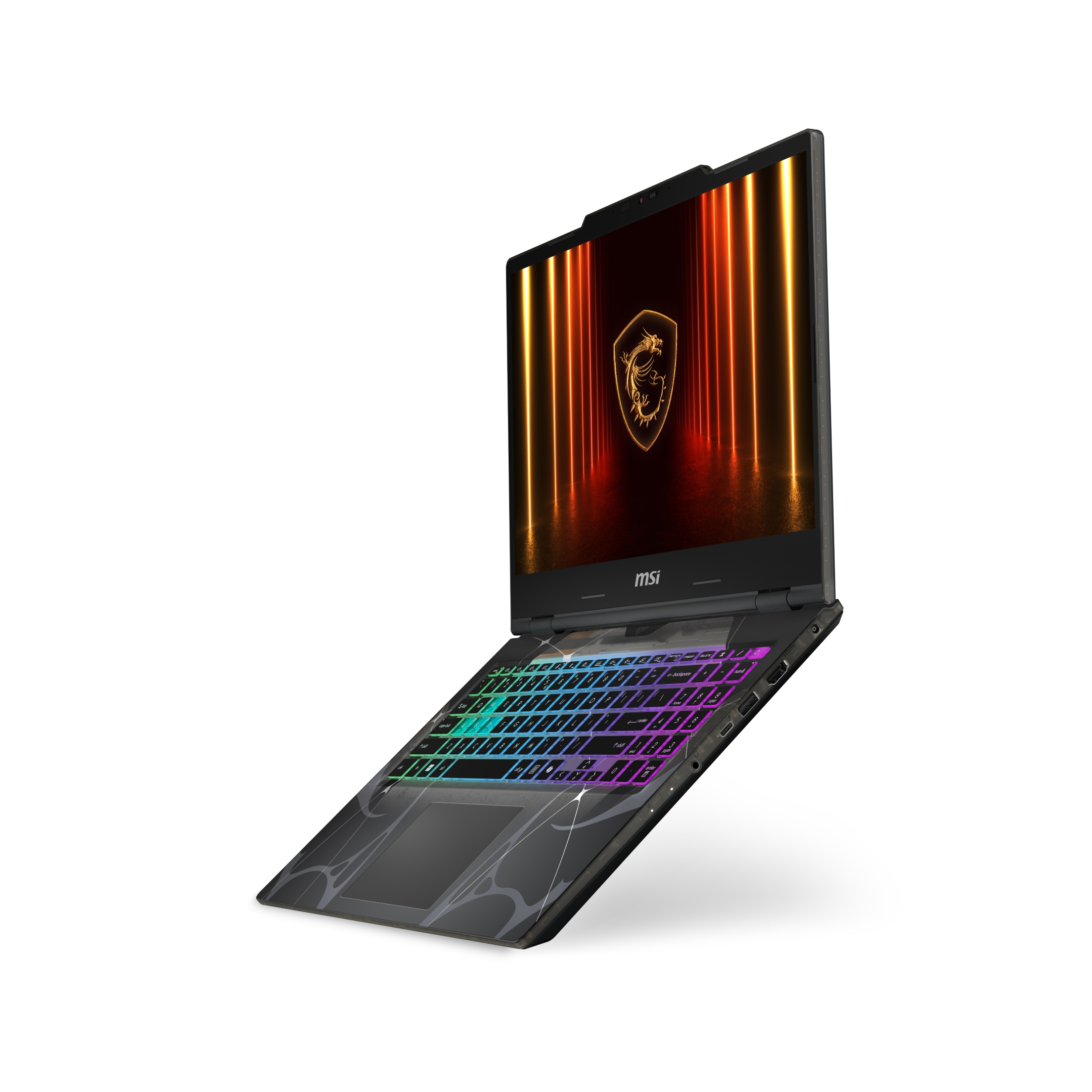 Un laptop MSI aperto con tastiera retroilluminata e logo MSI sullo schermo.