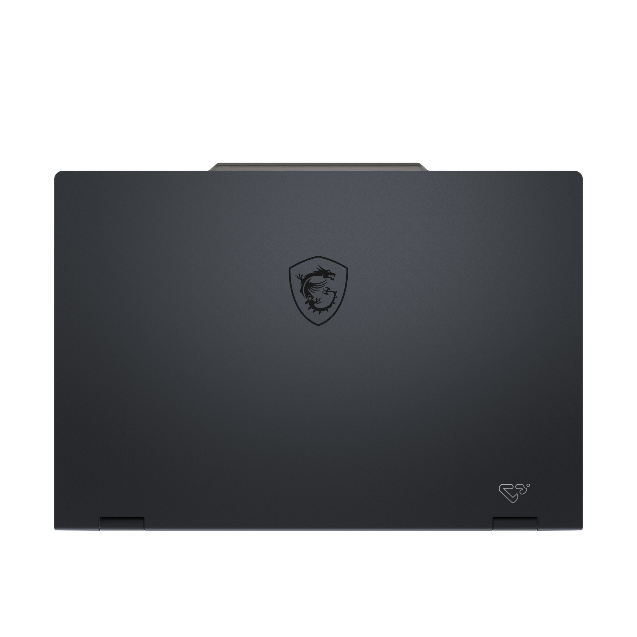 Laptop grigio scuro con logo del drago MSI e logo sul coperchio.