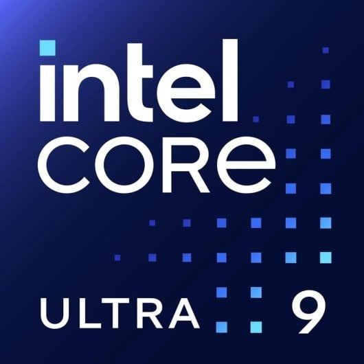 Intel Core Ultra 9 logo op donkerblauwe achtergrond met kleine blauwe vierkantjes.