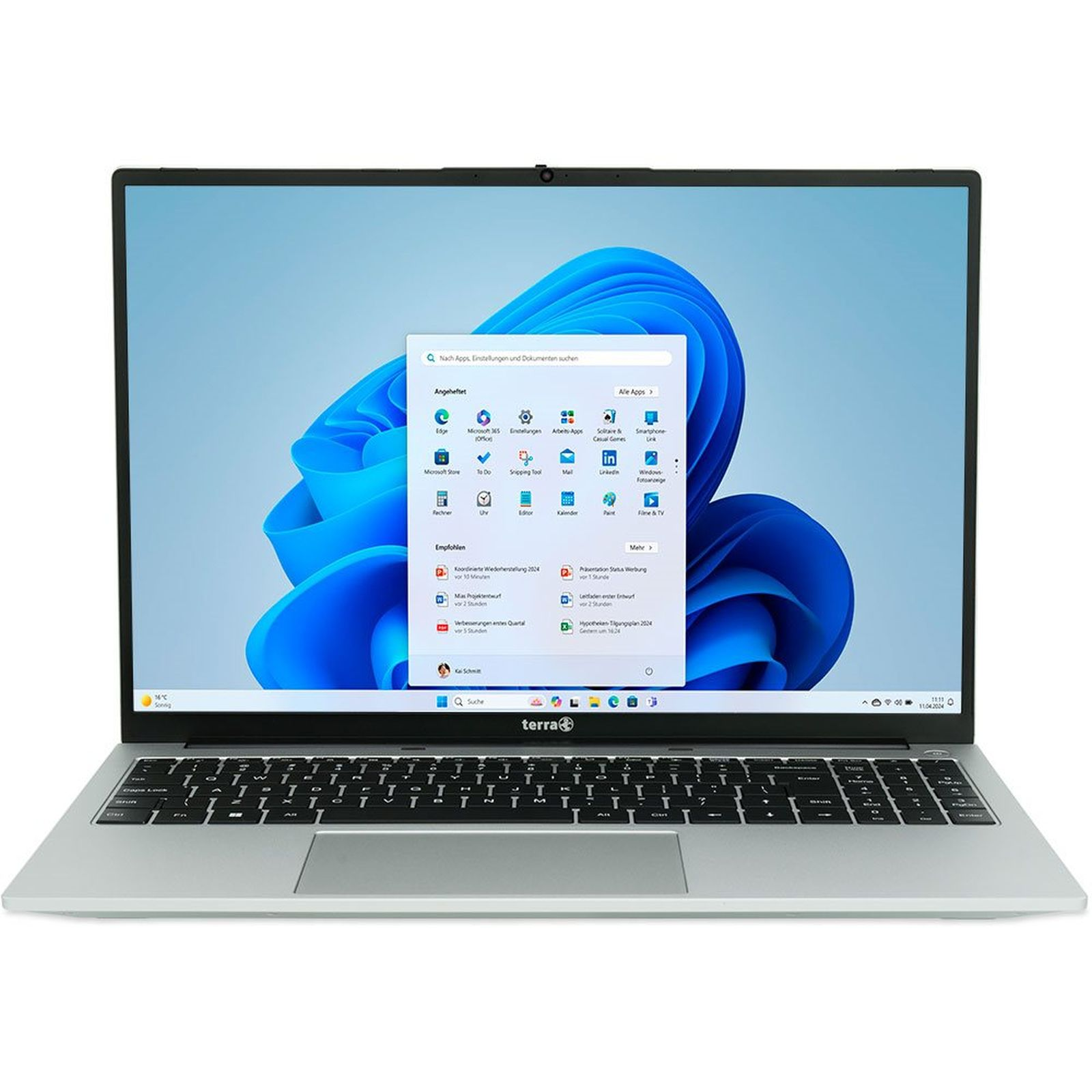 Ein hellgraues Terra-Notebook mit Windows 11 Startmenü und Tastatur.