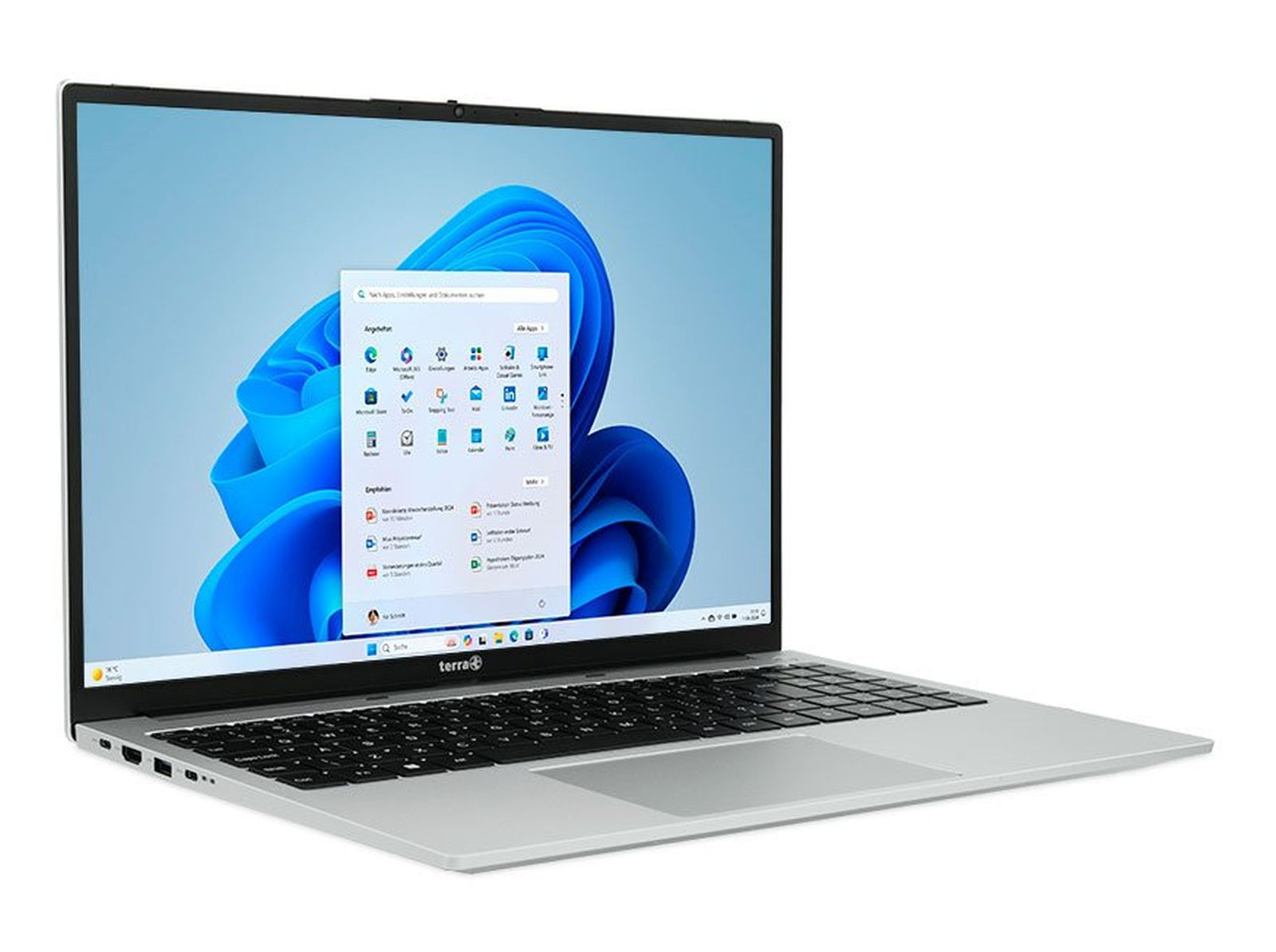 Ein silberner Laptop mit Windows 11 auf dem Bildschirm.