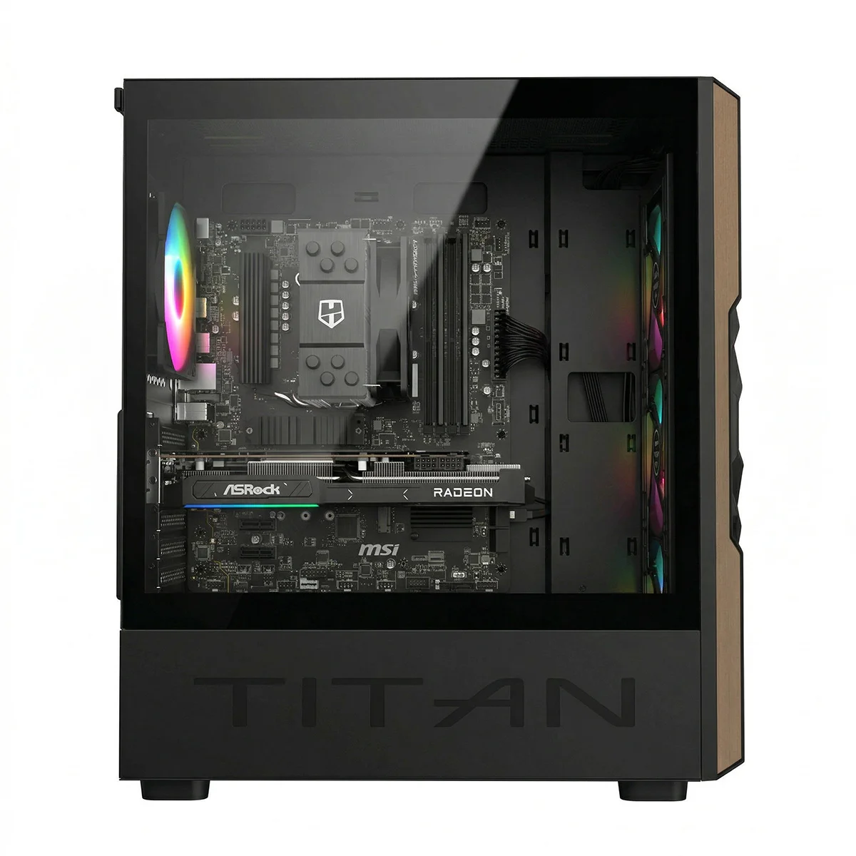 Un case per computer nero con pannello laterale trasparente, che rivela i componenti interni e l'illuminazione RGB colorata.