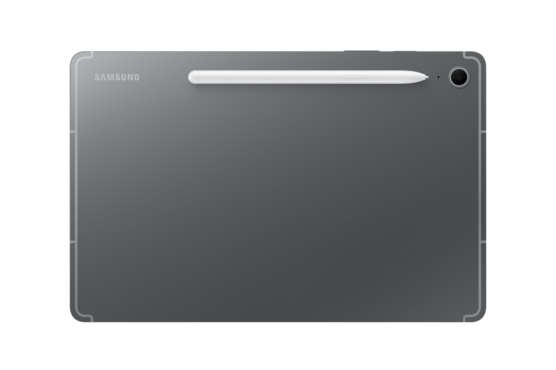 Tablet Samsung grigio con pennino e fotocamera sul retro.