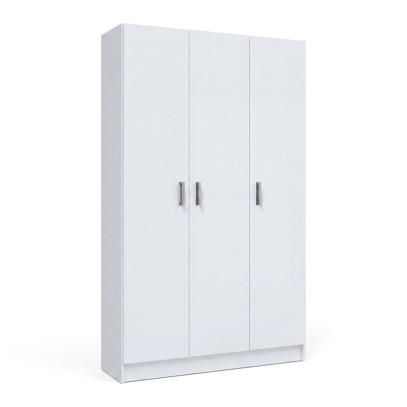 Armario blanco de tres puertas con tiradores plateados, sobre fondo blanco.