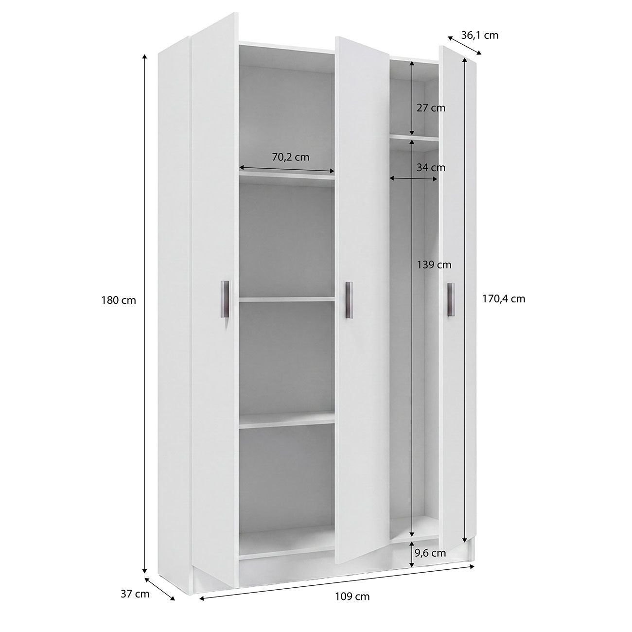 Un armario blanco de tres puertas, se indican las dimensiones.