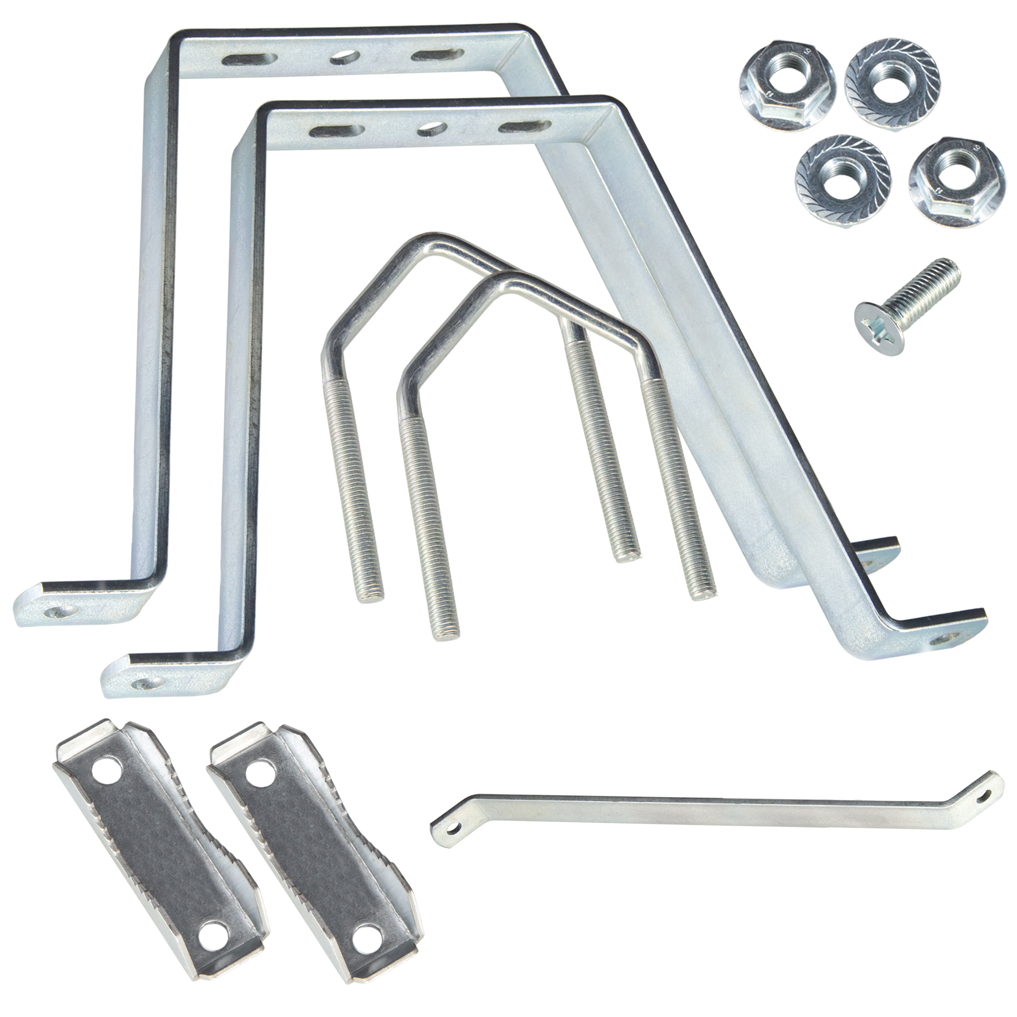 Metallteile: Klammern, Schrauben, Muttern und eine Stange, auf weißem Hintergrund.