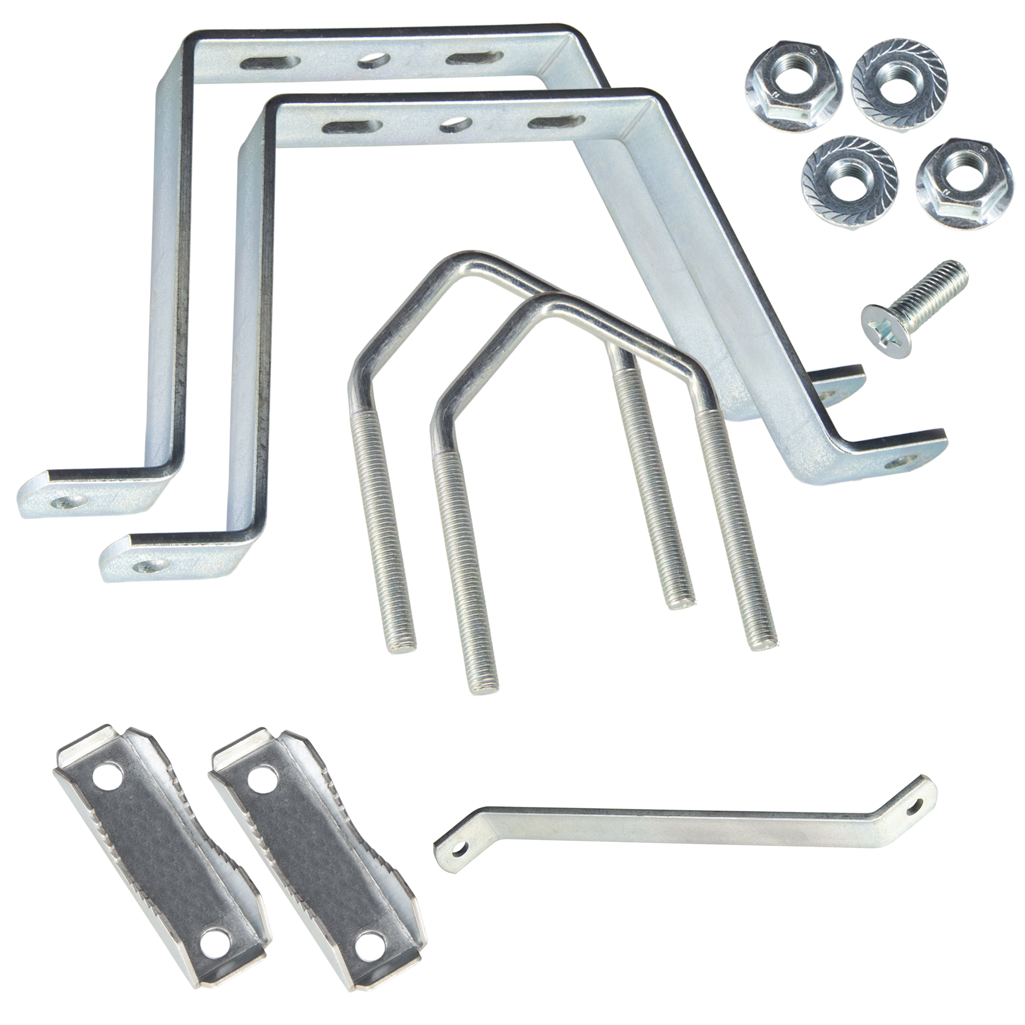 Metallteile: Winkel, U-Bügel, Schraube und Muttern auf weißem Hintergrund.