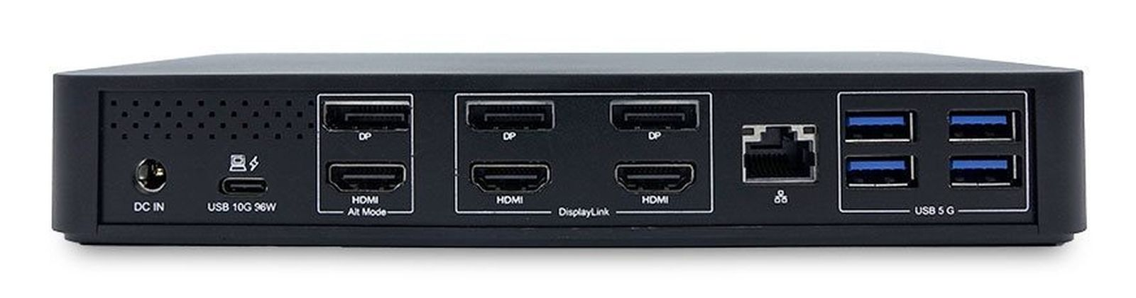 Schwarzes Gerät mit Anschlüssen: DC IN, USB-C, 3x DP, 3x HDMI, Ethernet, 4x USB-A.