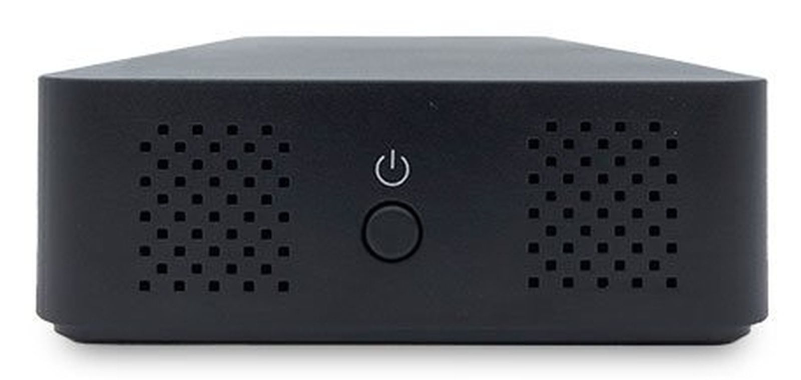 Ein schwarzes rechteckiges Gerät mit einem Power-Symbol und einem runden Knopf.