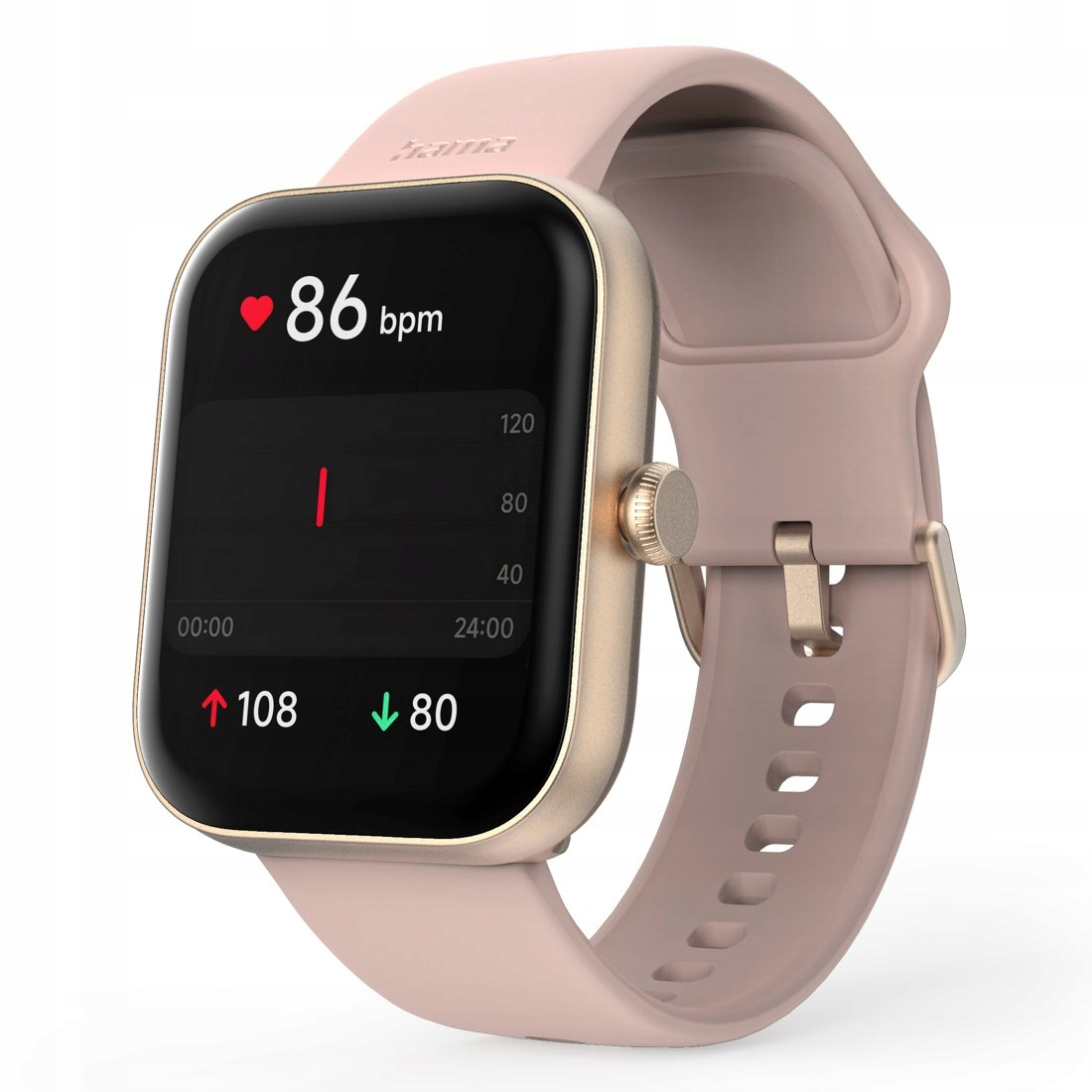 Uno smartwatch rosa mostra 86 bpm, con accenti dorati e cassa color oro rosa.