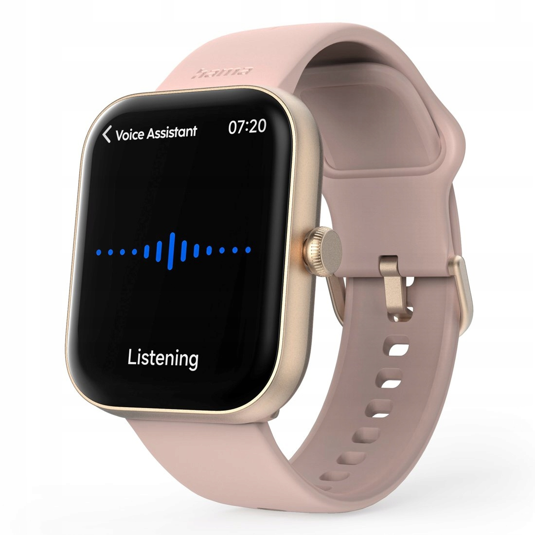 Uno smartwatch rosa con cassa dorata e schermo nero che mostra 'Assistente Vocale'.