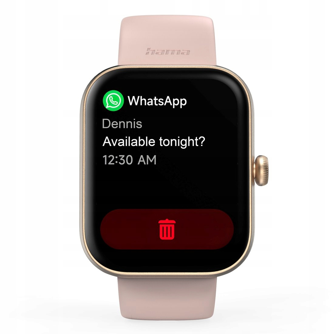 Uno smartwatch che mostra un messaggio WhatsApp da Dennis.