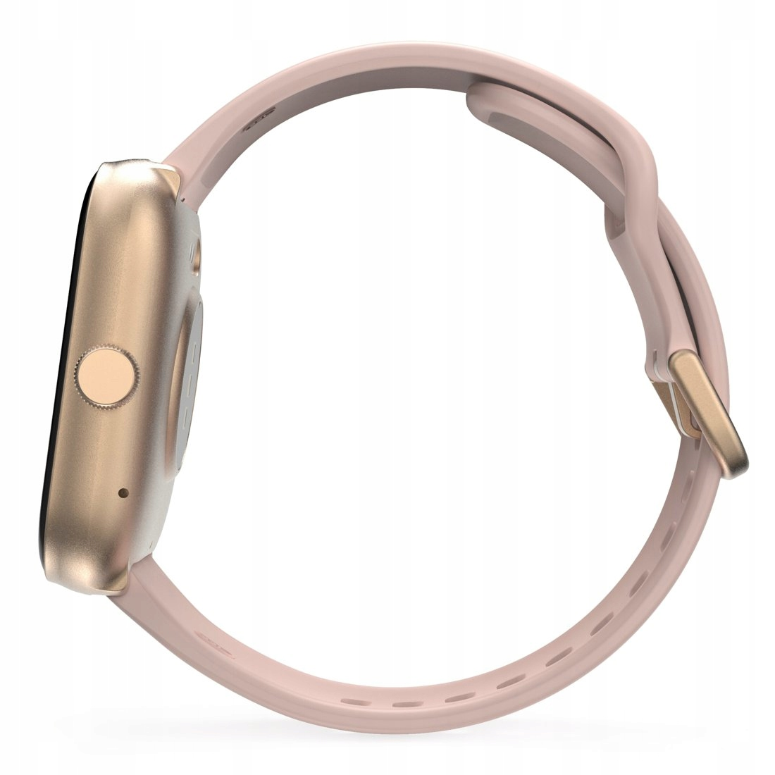Orologio smart dorato con cinturino rosa chiaro, visto di profilo su sfondo bianco.