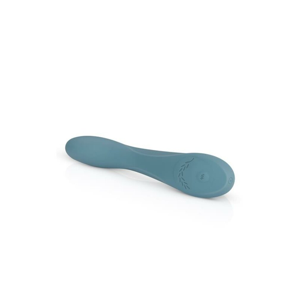 Ein blauer Vibrator mit geschwungenem Design und Blattmotiv auf dem Griff.