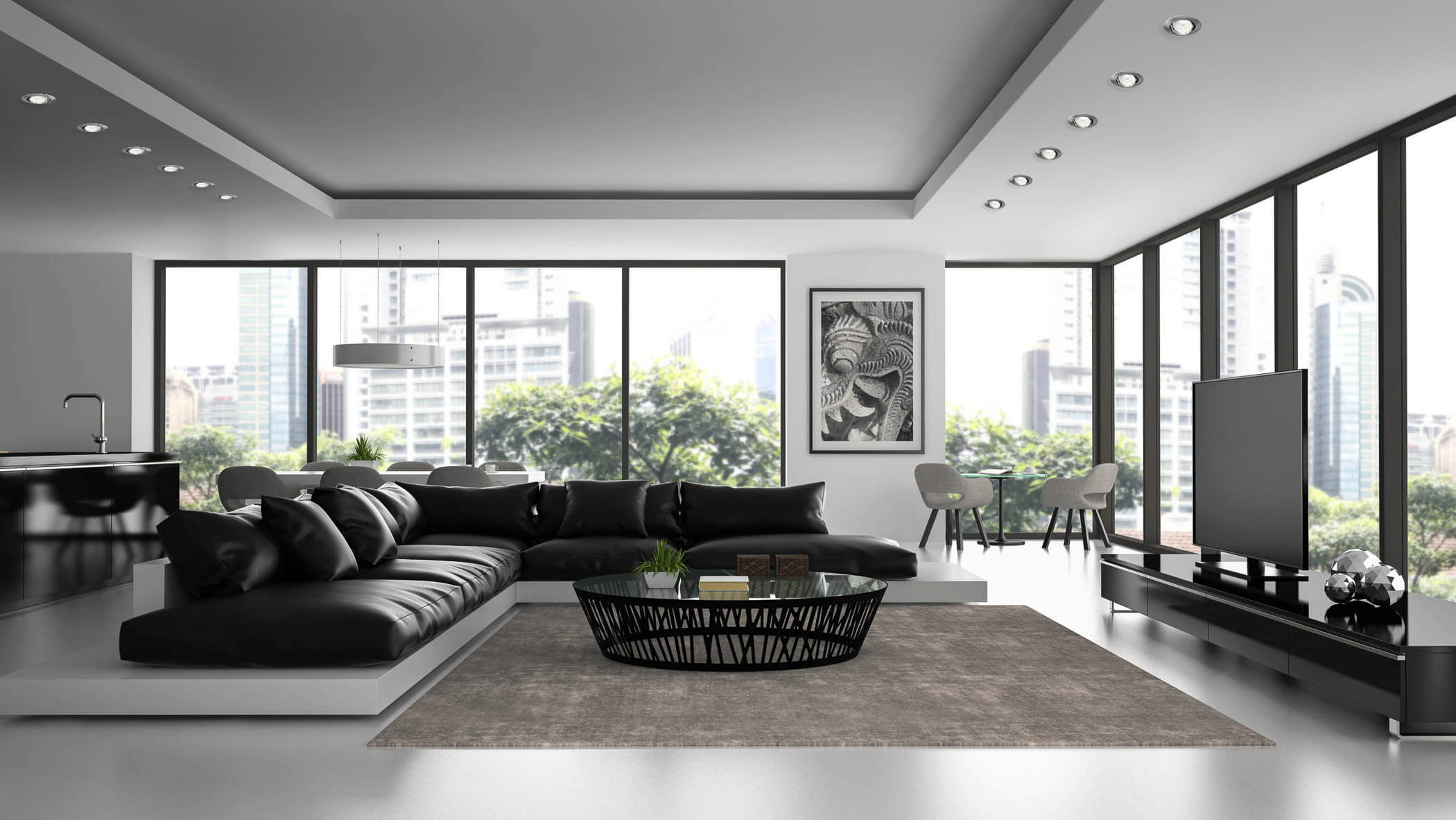 Modernes Wohnzimmer mit schwarzem Ledersofa, Couchtisch, TV und Stadtblick.