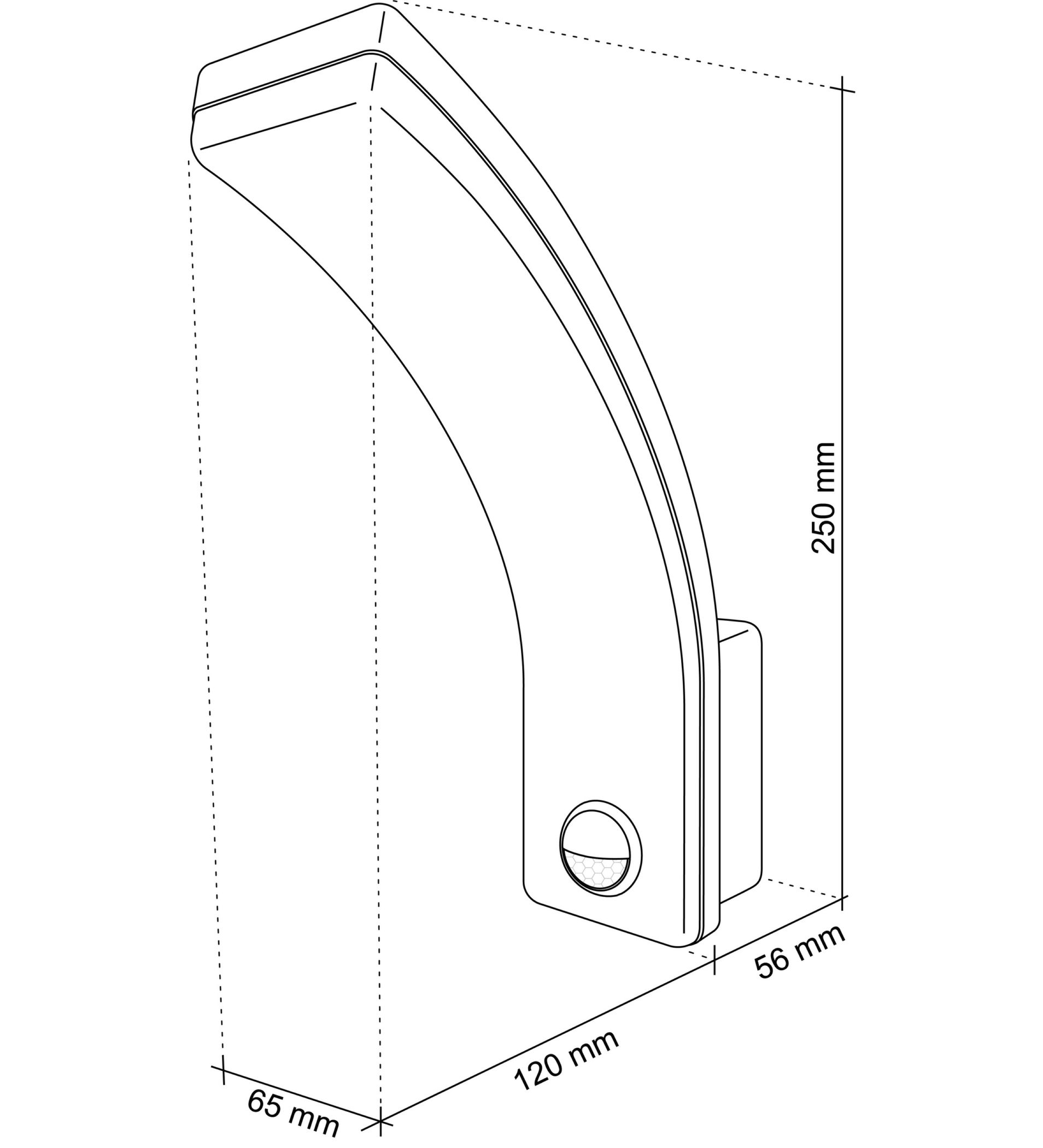 Technische Zeichnung einer gebogenen Halterung mit Maßen: H 250 mm, B 120 mm, T 56 mm und 65 mm.