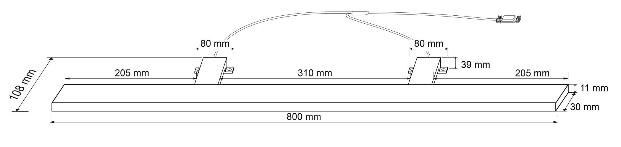 Technische Zeichnung eines 800 mm langen Profils mit Maßen.