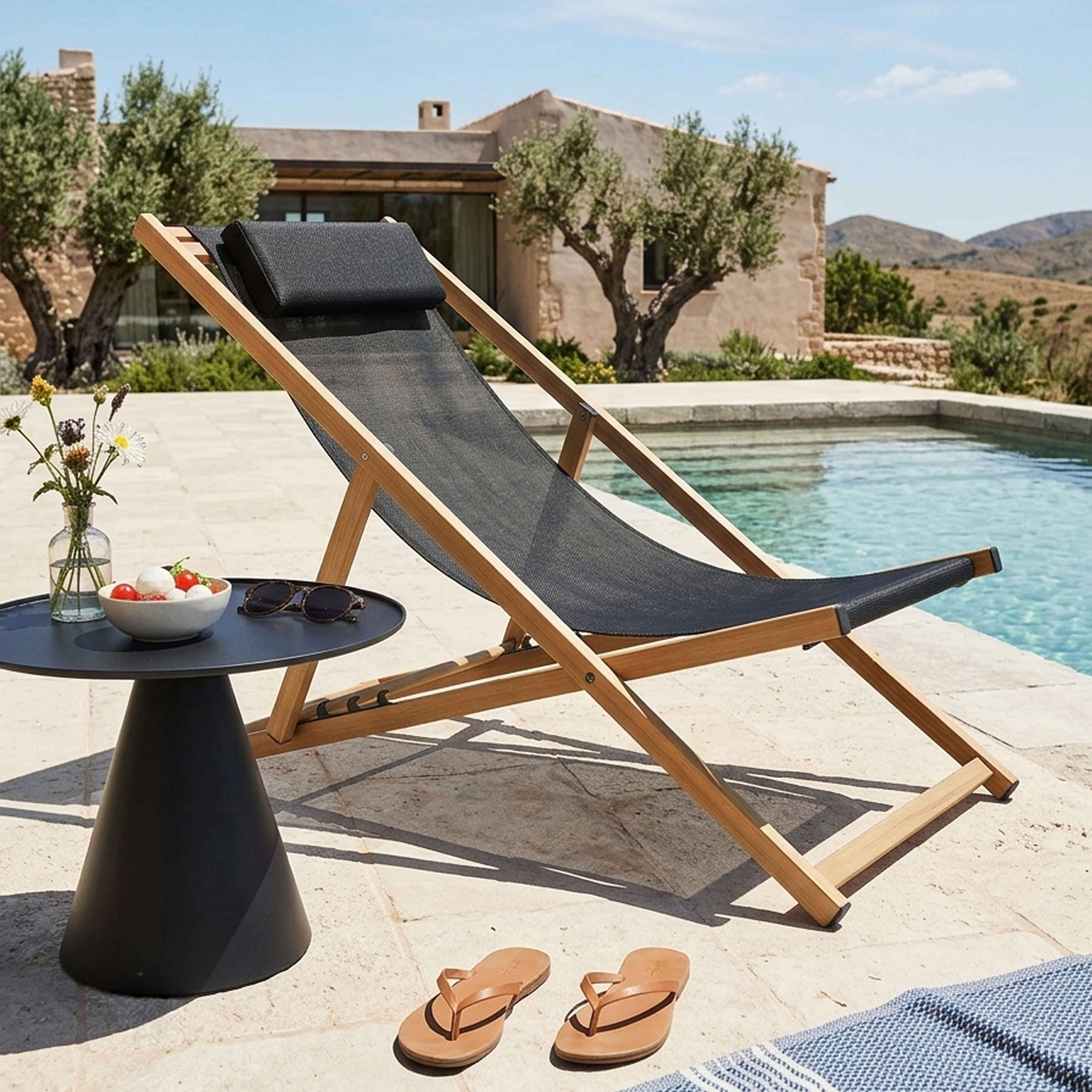 Ein Liegestuhl neben einem Pool mit einem kleinen Tisch und Blumen.
