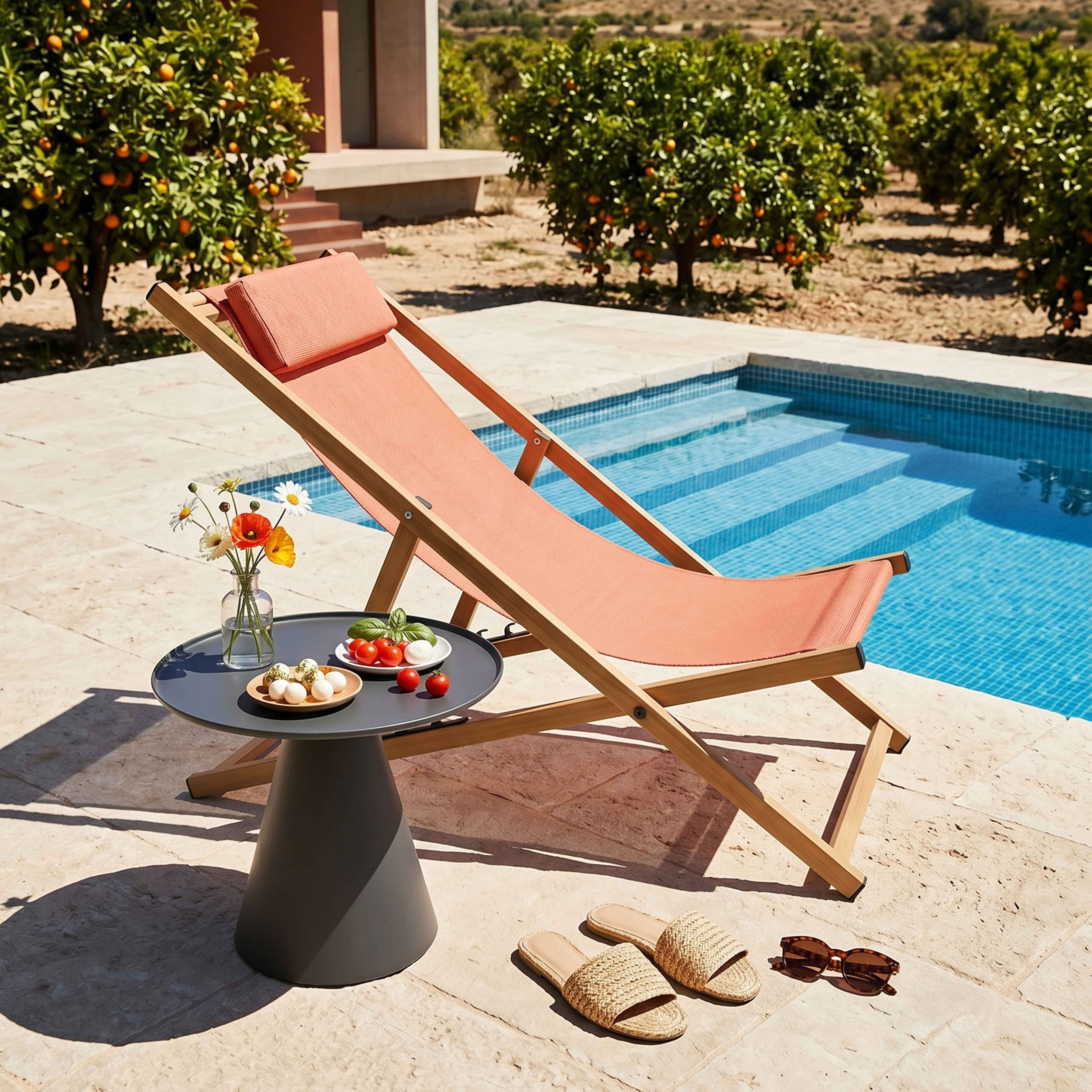 Ein Korbstuhl mit Lachsbezug steht neben einem Pool. Ein kleiner Tisch hat Snacks und Blumen.