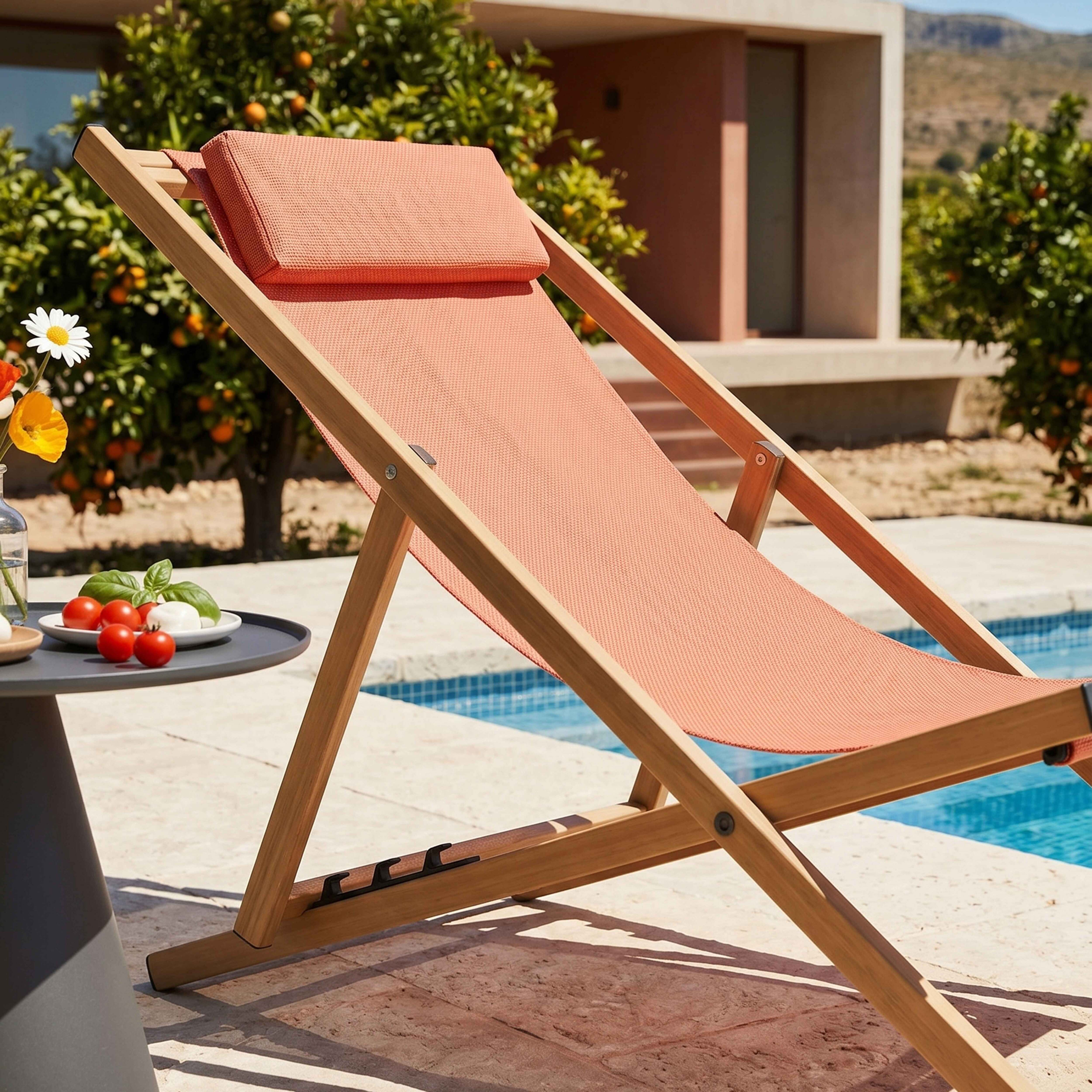 Ein orangefarbener Liegestuhl aus Holz neben einem Pool. Tomaten und Mozzarella auf einem Tisch.