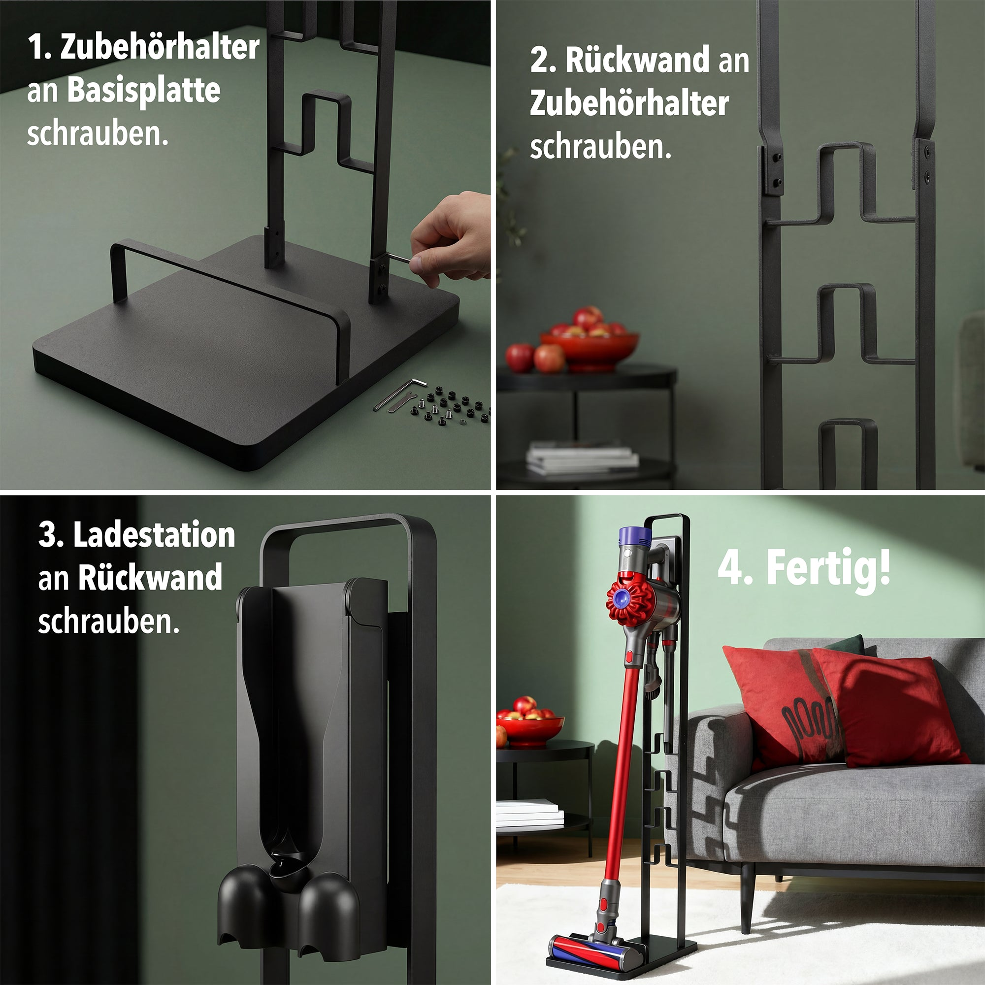 Schritt-für-Schritt-Anleitung für den Aufbau einer Staubsaugerhalterung mit Zubehör.