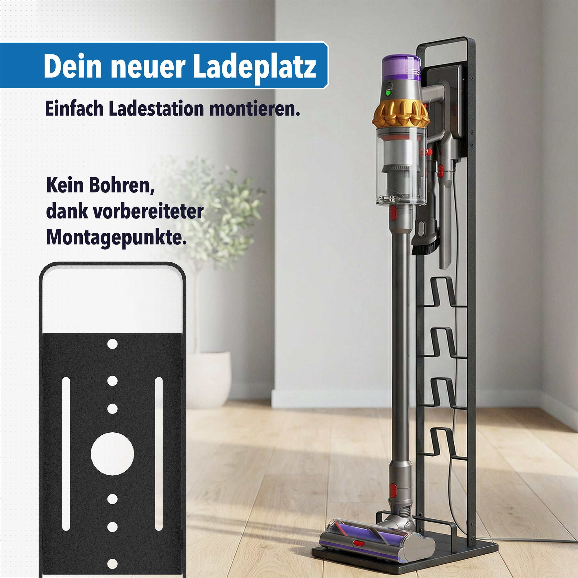 Ein Akkusauger steht auf einer Ladestation mit Zubehör. Links ist eine Halterung.