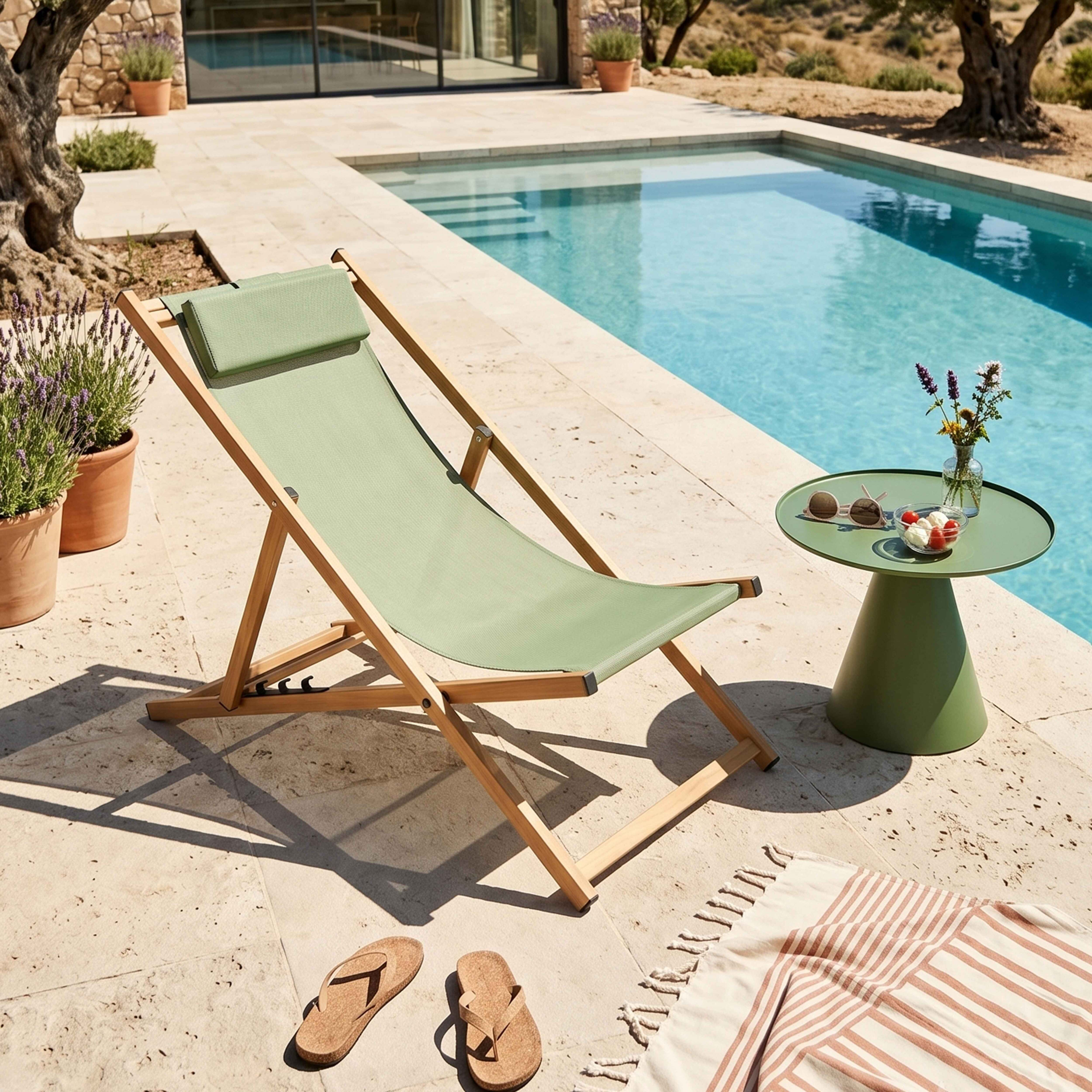 Grüner Liegestuhl neben einem Pool mit kleinem Tisch und Flip-Flops.