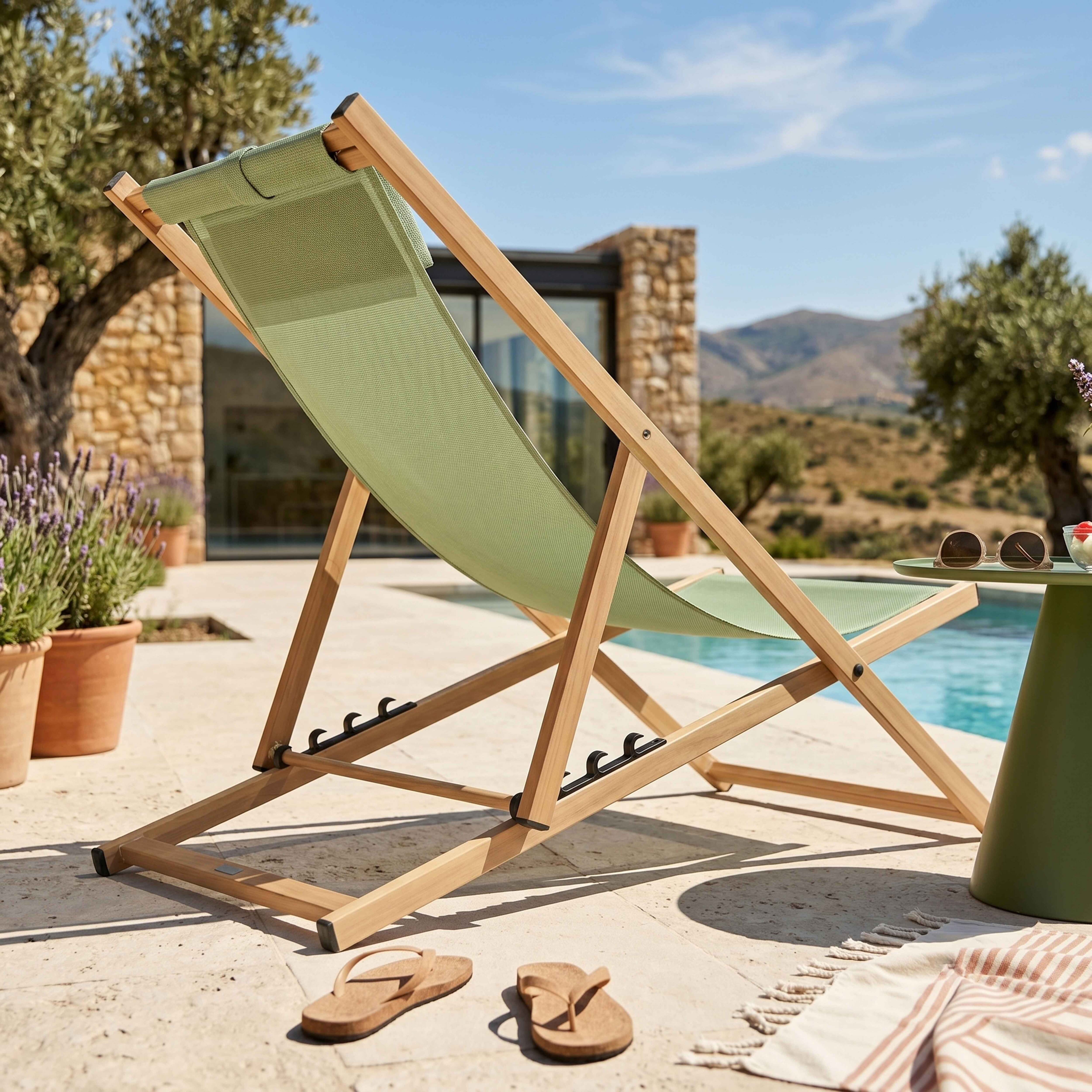 Ein hölzerner Liegestuhl mit grünem Stoff neben einem Pool.