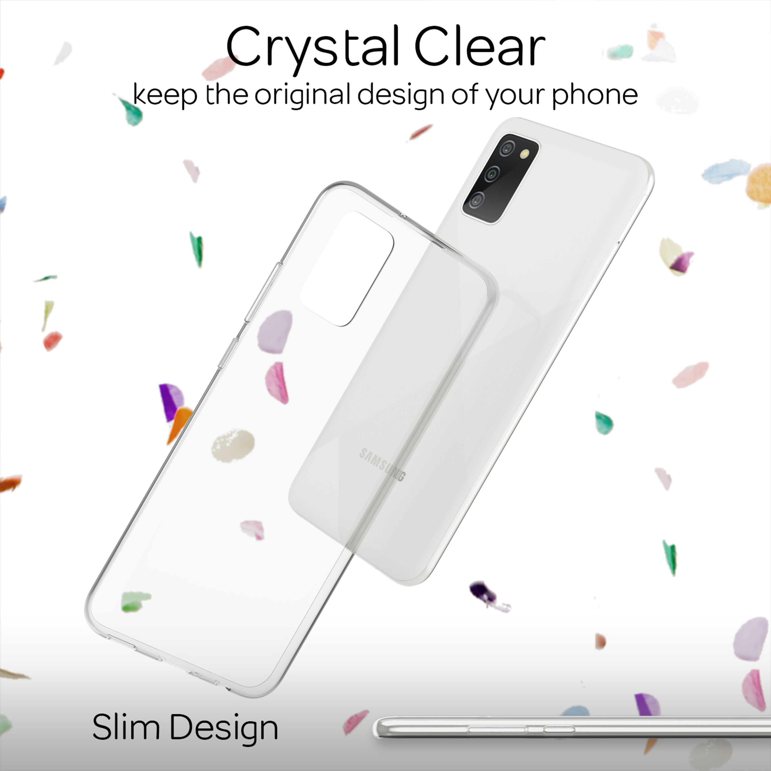 Ein transparenter Handyhülle liegt neben einem weißen Smartphone, bunte Partikel schweben.