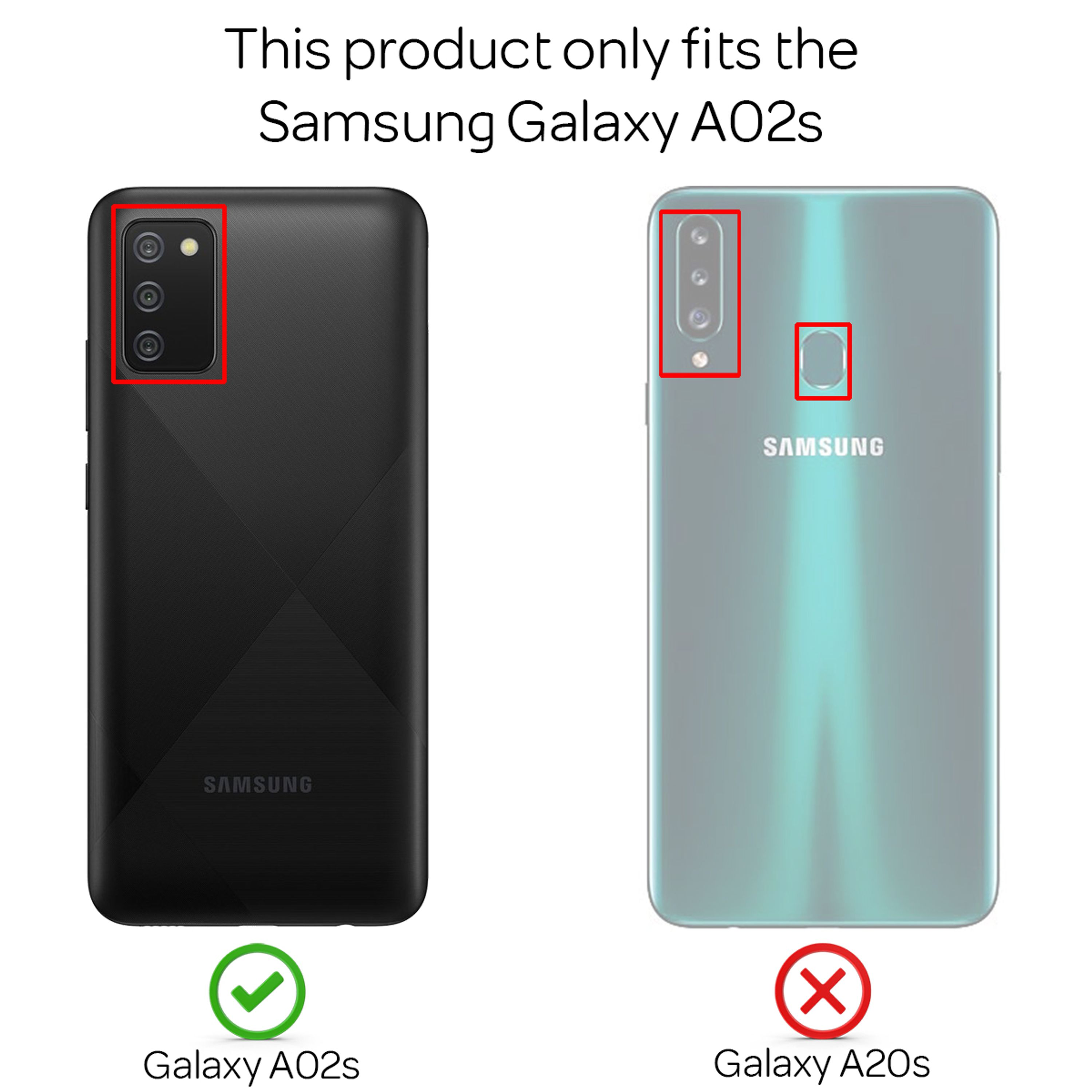 Zwei Samsung-Handys: links Galaxy A02s, rechts Galaxy A20s. Nur A02s kompatibel.