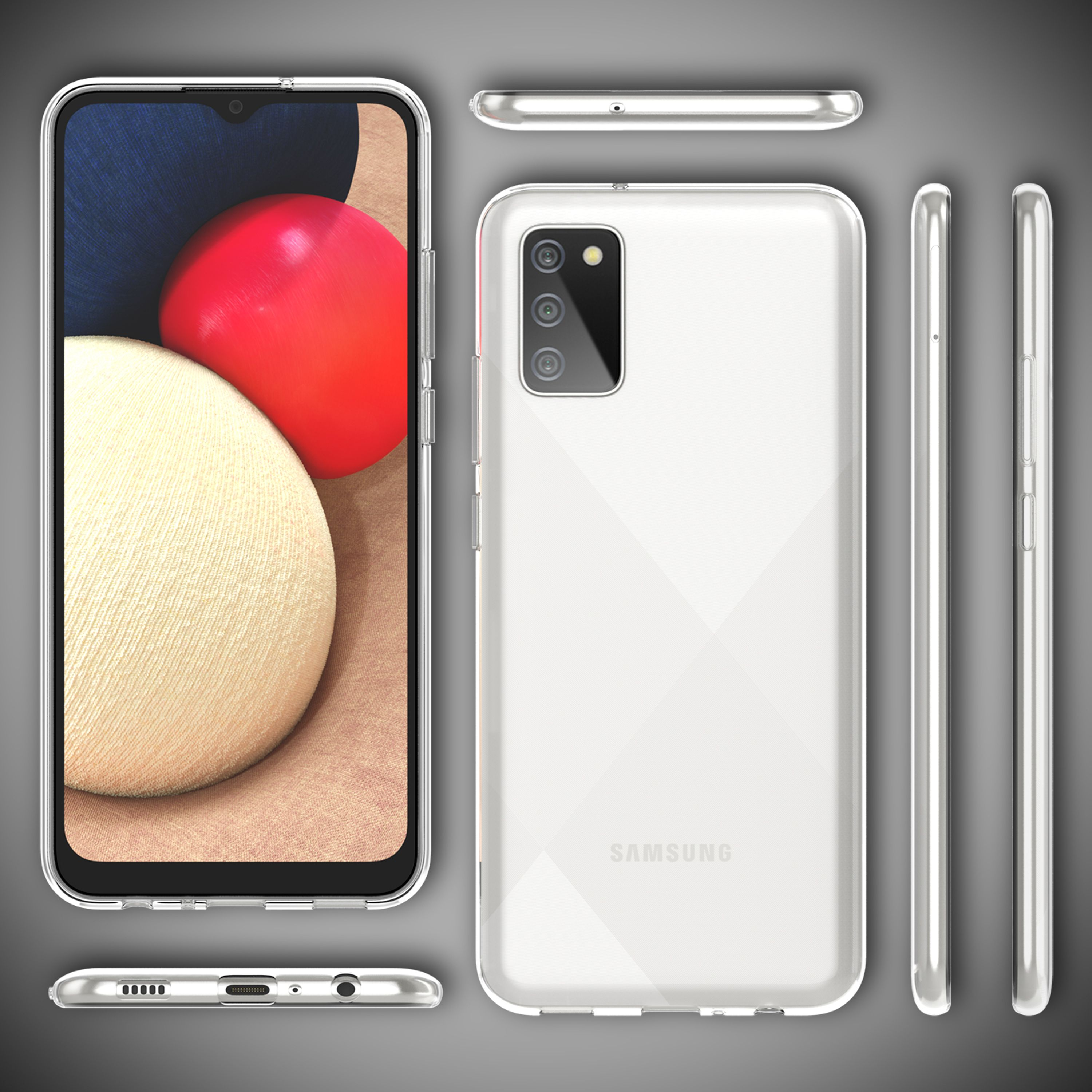 Transparent Hülle für ein Samsung Handy, mit Ansichten von vorne, hinten und den Seiten.