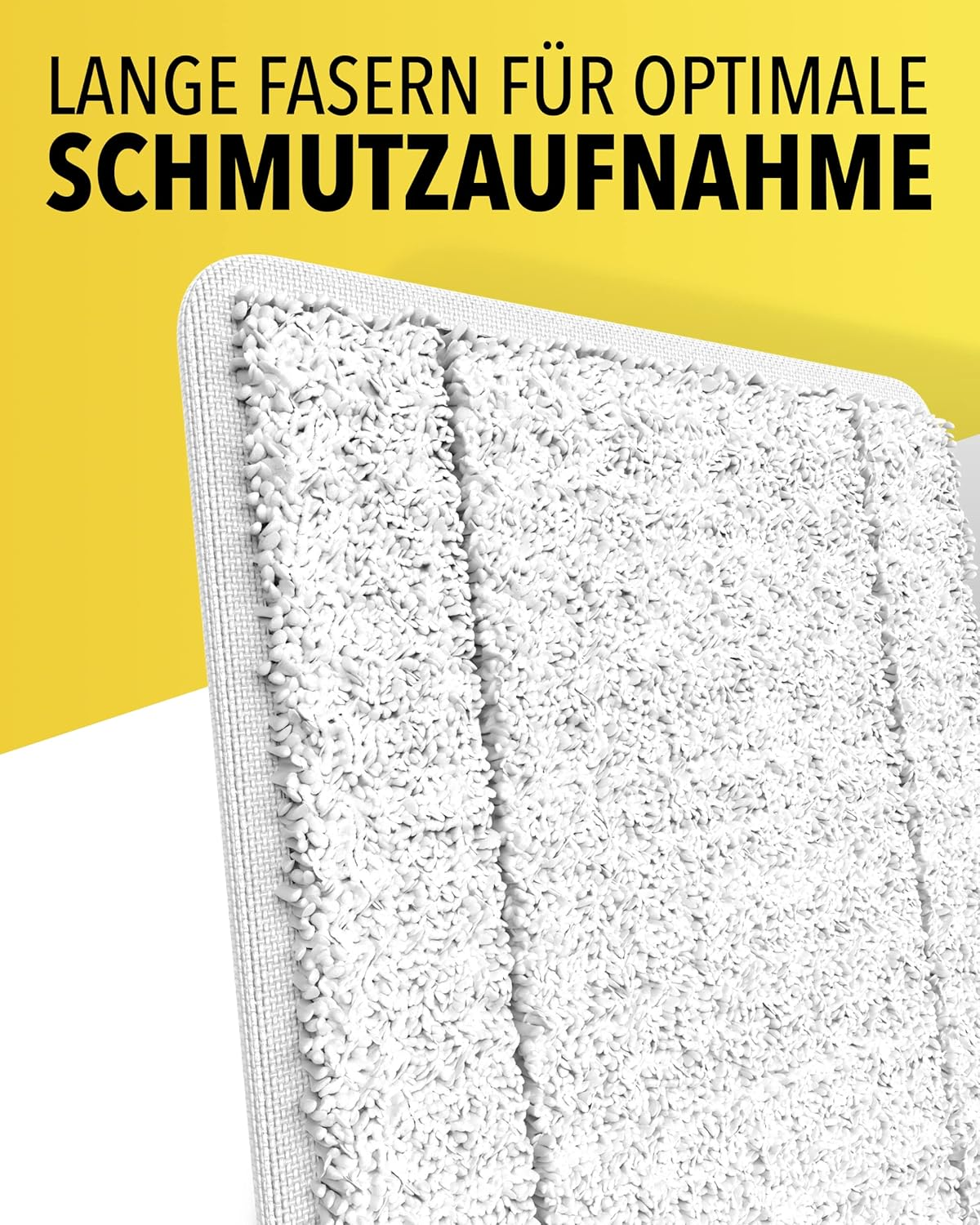 Detailansicht eines weißen Mop-Kopfes mit langen Fasern auf gelbem Hintergrund.