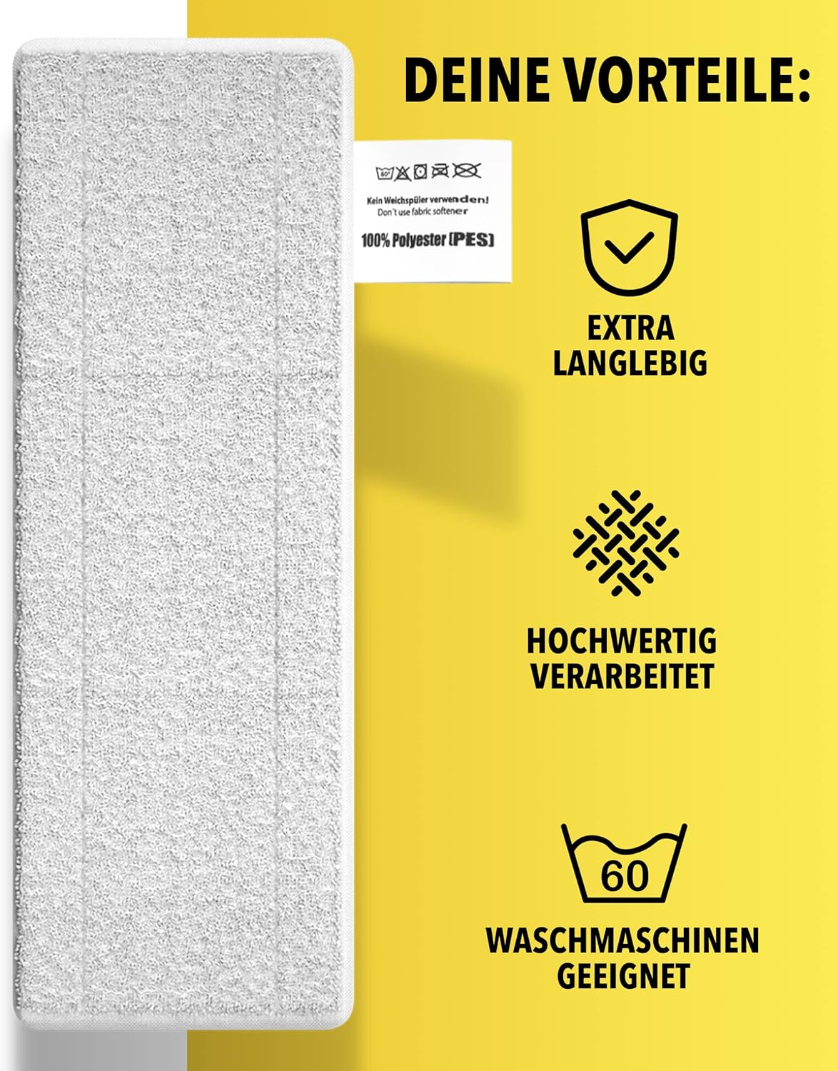Ein weißer Wischmopp mit einem gelben Hintergrund, der Vorteile auflistet.