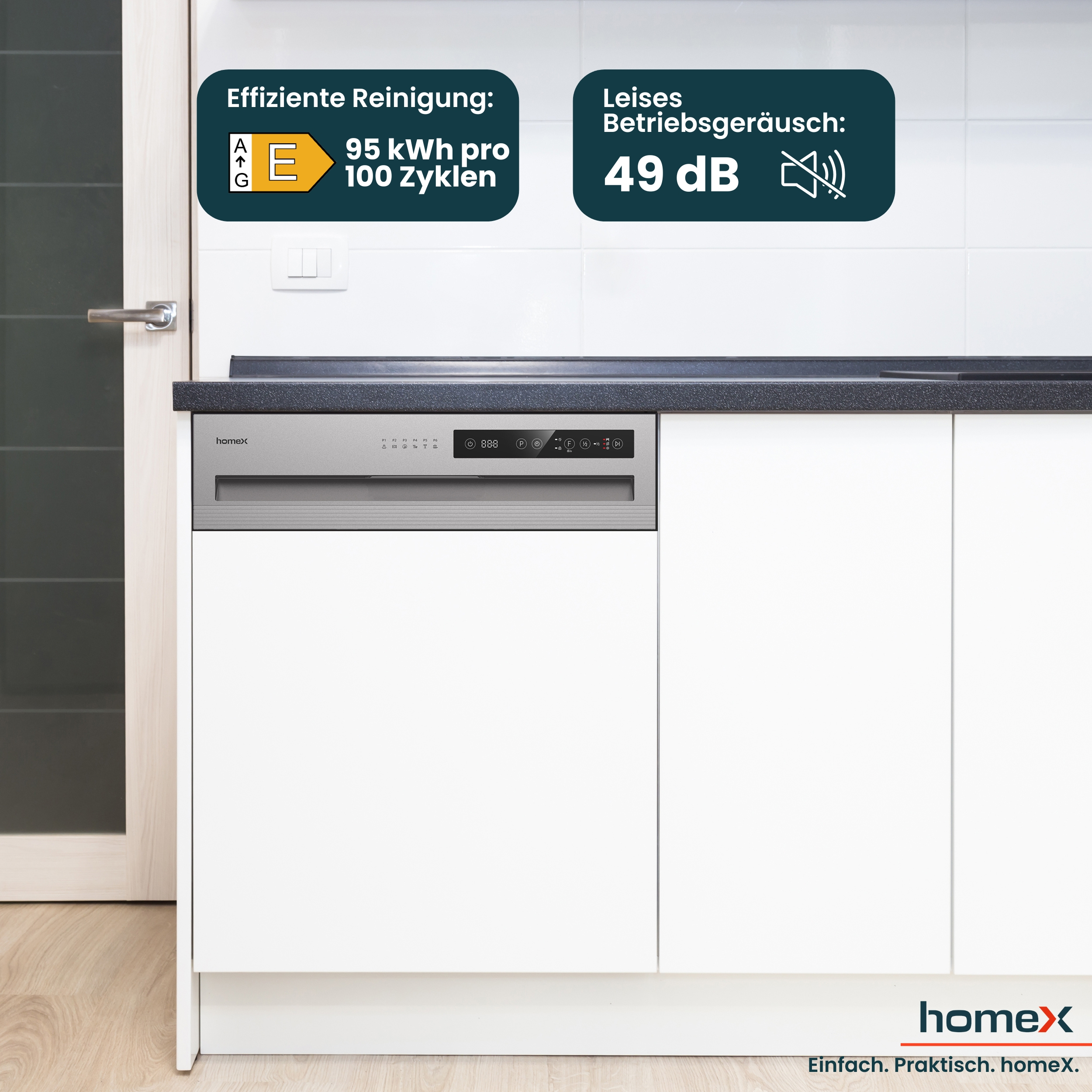 Geschirrspüler mit Energieeffizienzklasse E und leisem Betriebsgeräusch von 49 dB.