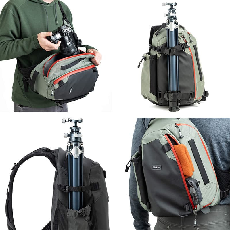 A person holds a camera and bag; a tripod is attached to a backpack.