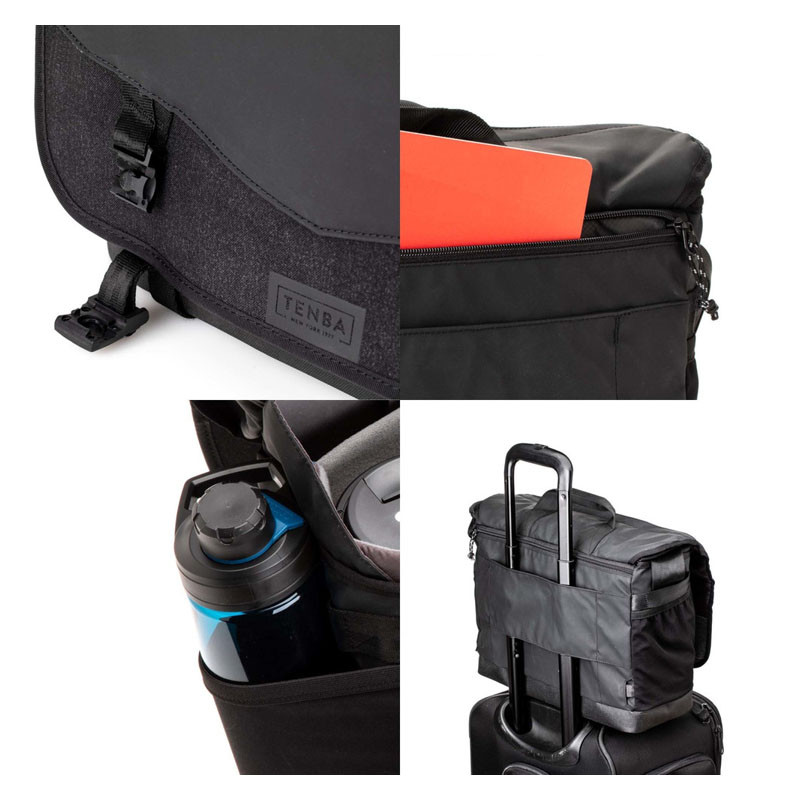 Vier Ansichten einer schwarzen Tasche: Nahaufnahme des Verschlusses, Innenleben mit rotem Notizbuch, Wasserflasche, auf Trolley montiert.
