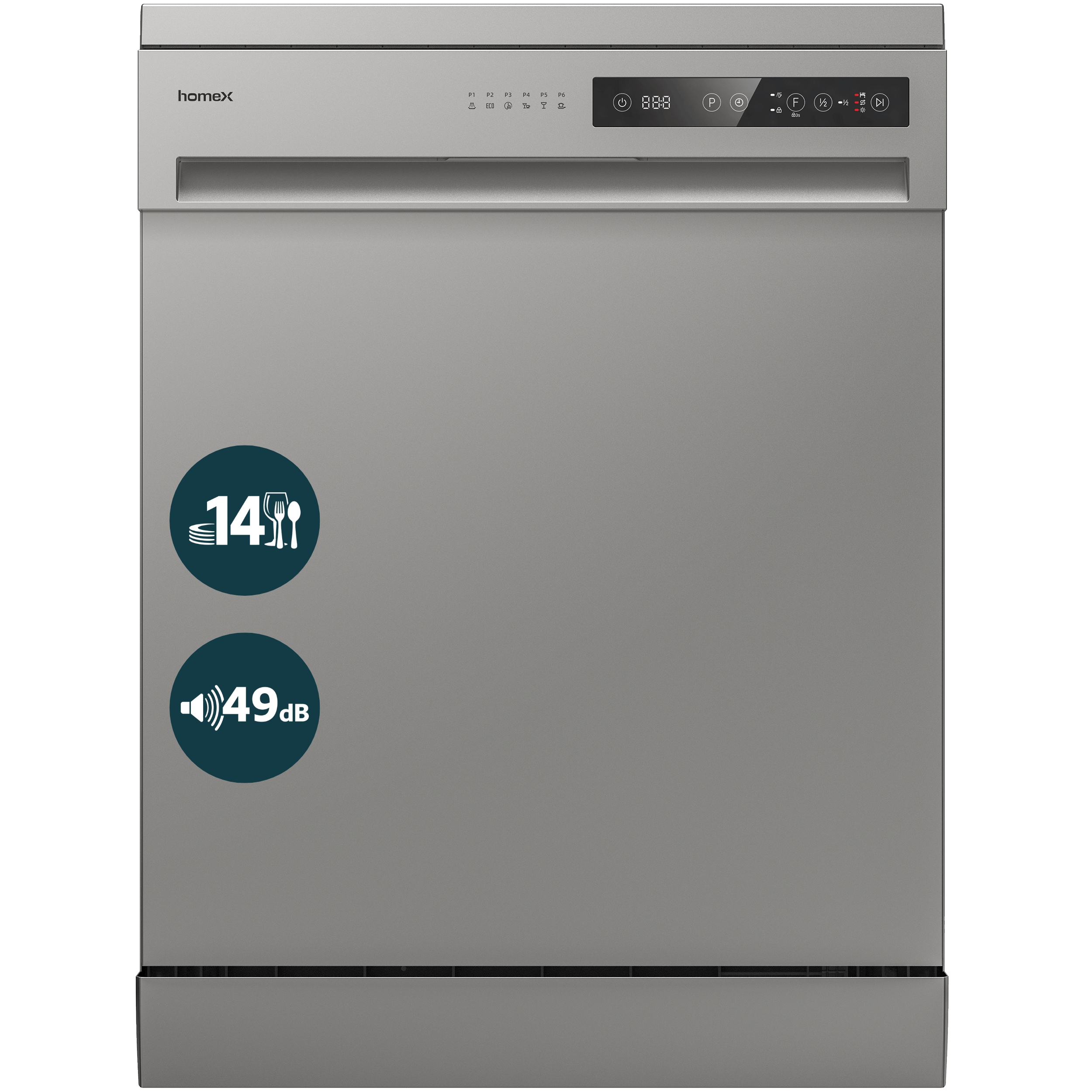 Grauer Homex Geschirrspüler mit Bedienfeld und Symbolen für 14 Gedecke und 49 dB.