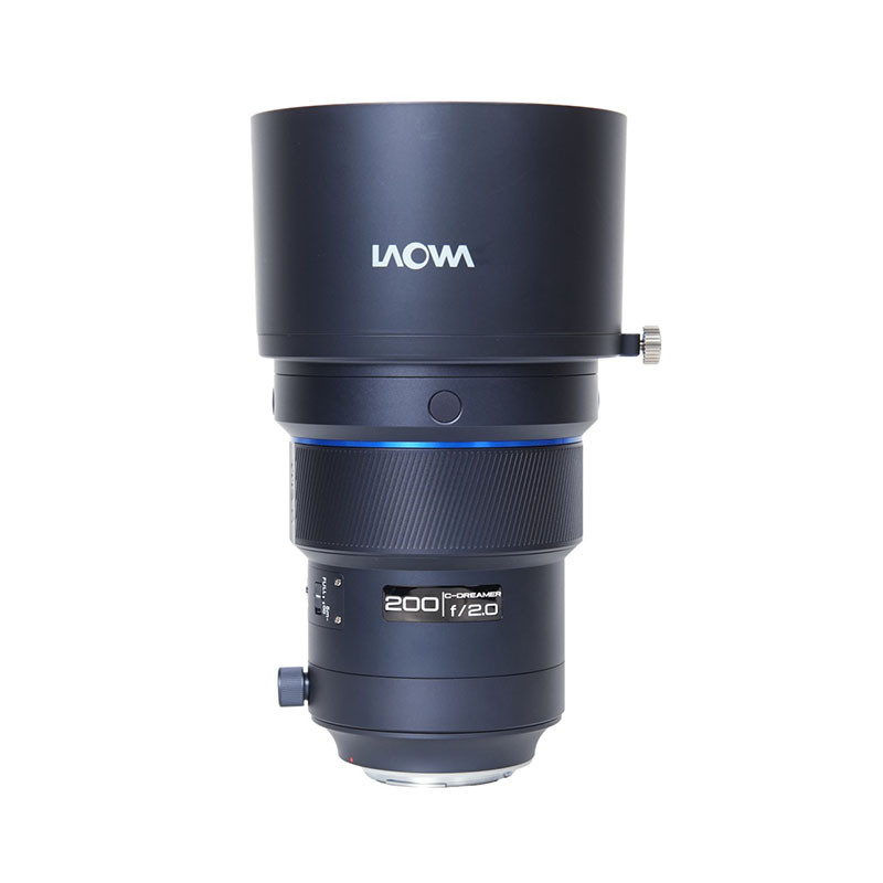 A black camera lens with blue accents and 200 f/2.0 marking.