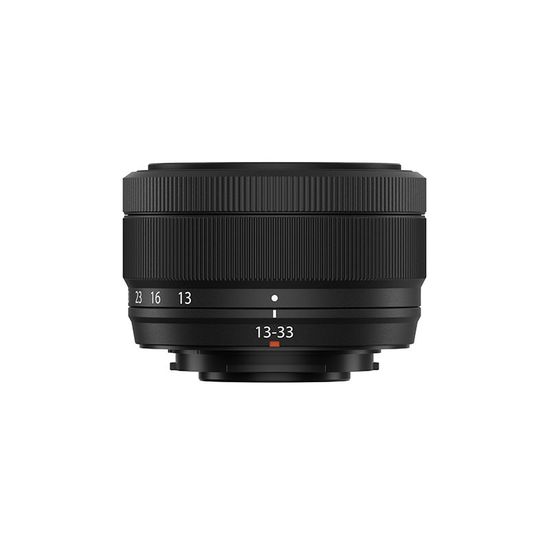 Black camera lens with zoom ring and focus scale 13-33.